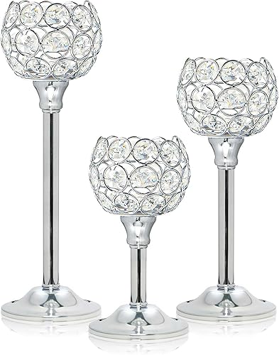 Juego de 3 candelabros de metal de cristal plateado, candelabros de cuenco brillante, portavelas votivas altas, elegante centro de velas para mesa