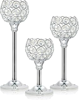 Crystal Metal Tealight Candlestick, Bling Bowl Candelabras, Tall Crystal Votive Candle Holders Elegant Crystal Candle Centerpiece for Dining Table Wedding Decor (Set of 3, Silver)
