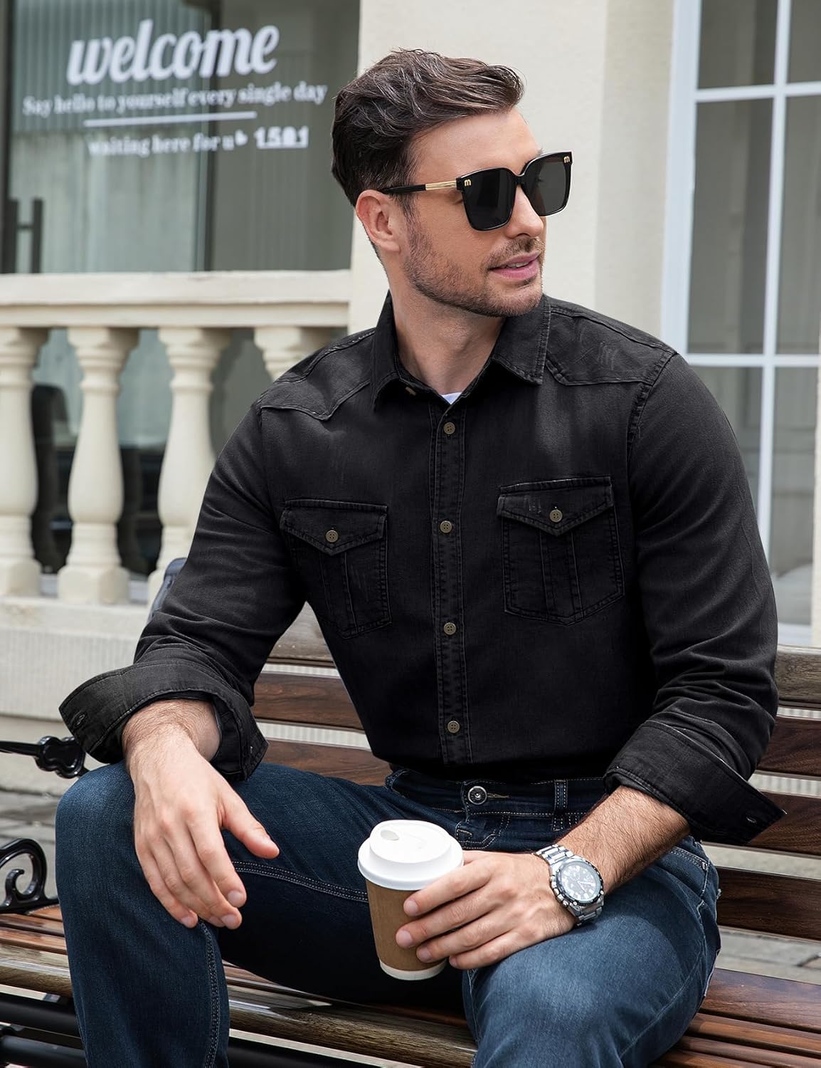 Kissonic Mens Denim Shirt Long Sleeve Slim Fit Jean Shirt for Men Button Down Causal Striped Denim Shirts - Image 4