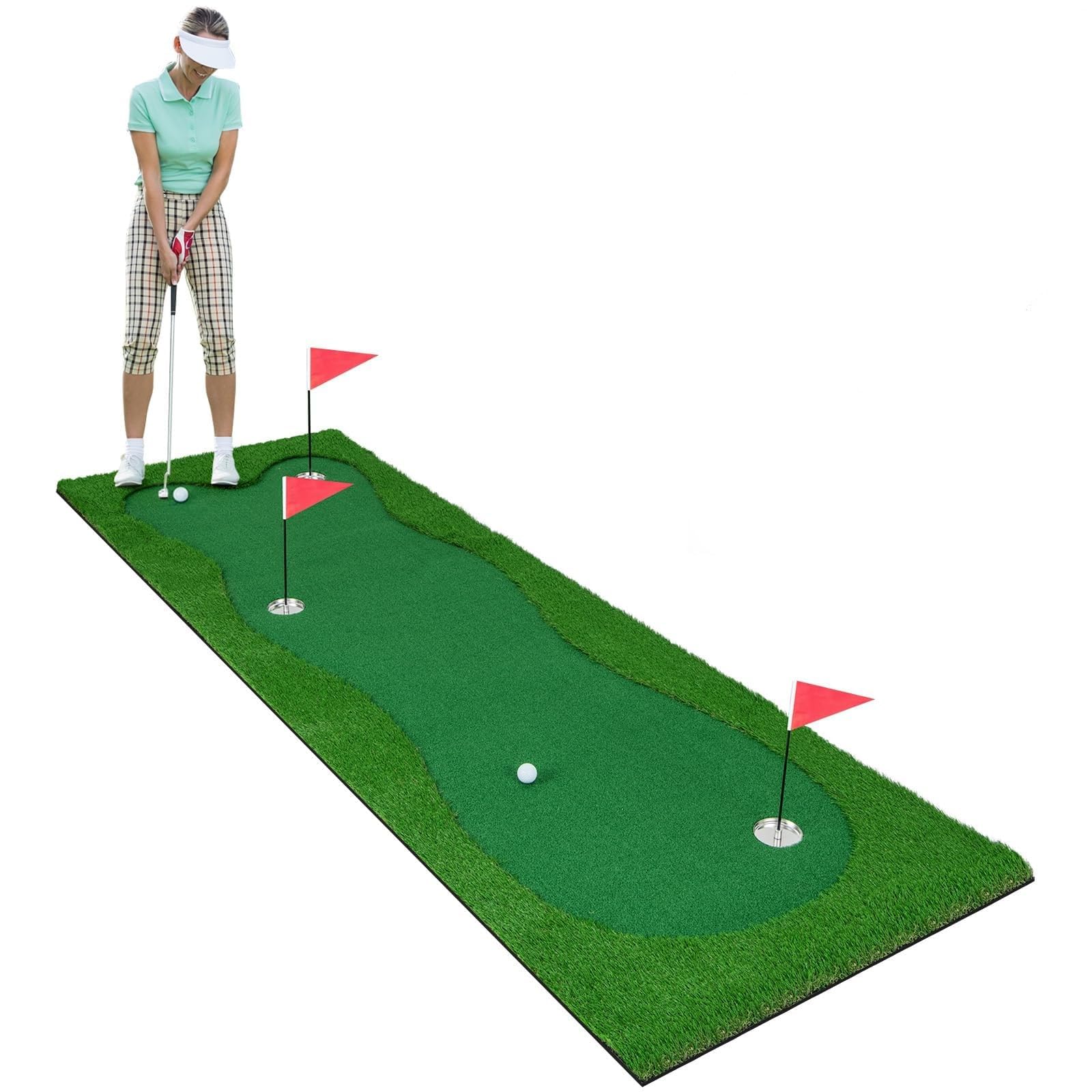 GYMAX Golf Übungsmatte 3 x 1 m, professionelle Golf Trainingsmatte mit 2 Golfbällen, 3 Golfbechern & 3 Löchern, Golfmatte mit 3 Flaggen, Puttingmatte für den Innen- & Außenbereich