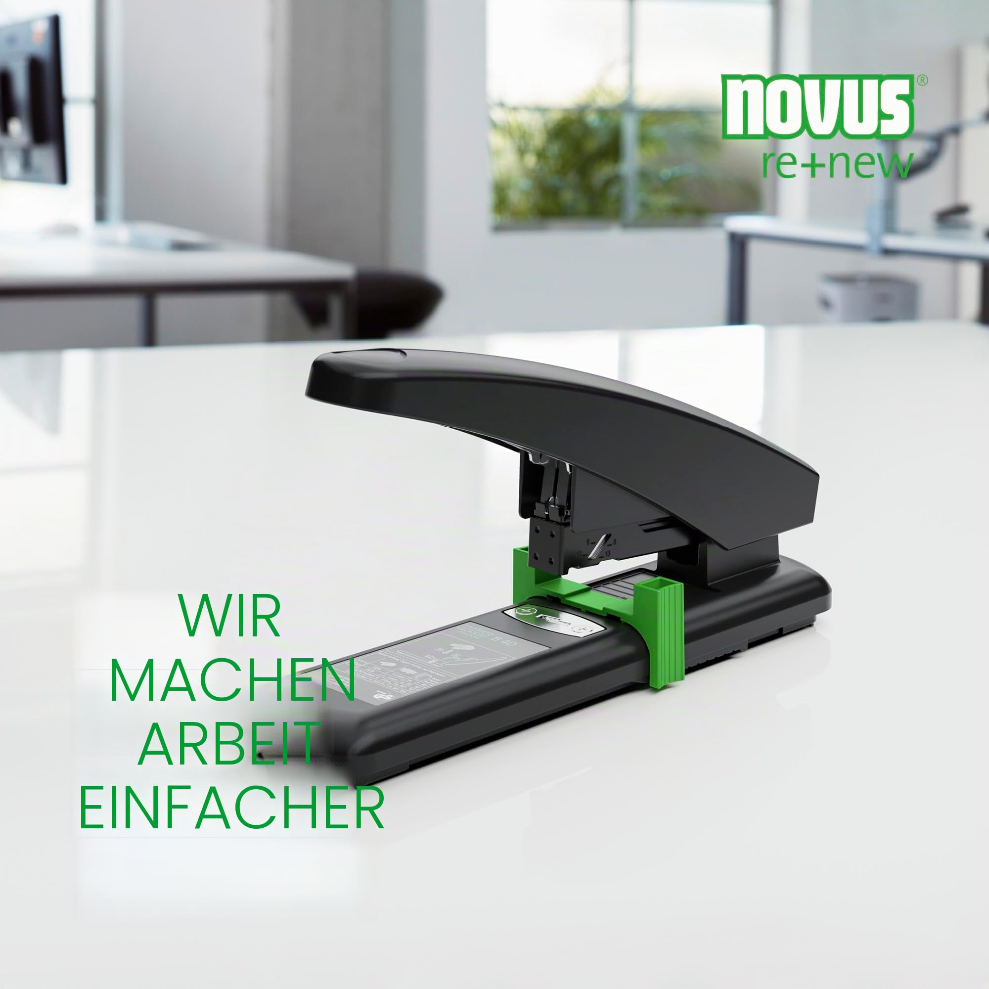 Novus B 40 re+new Blockheftgerät, 100 Blatt, schwarz-grün | Antiblockiersystem, Kunststoffunterteil & Metalloberteil mit Kunststoffummantelung aus 97% recyceltem Kunststoff