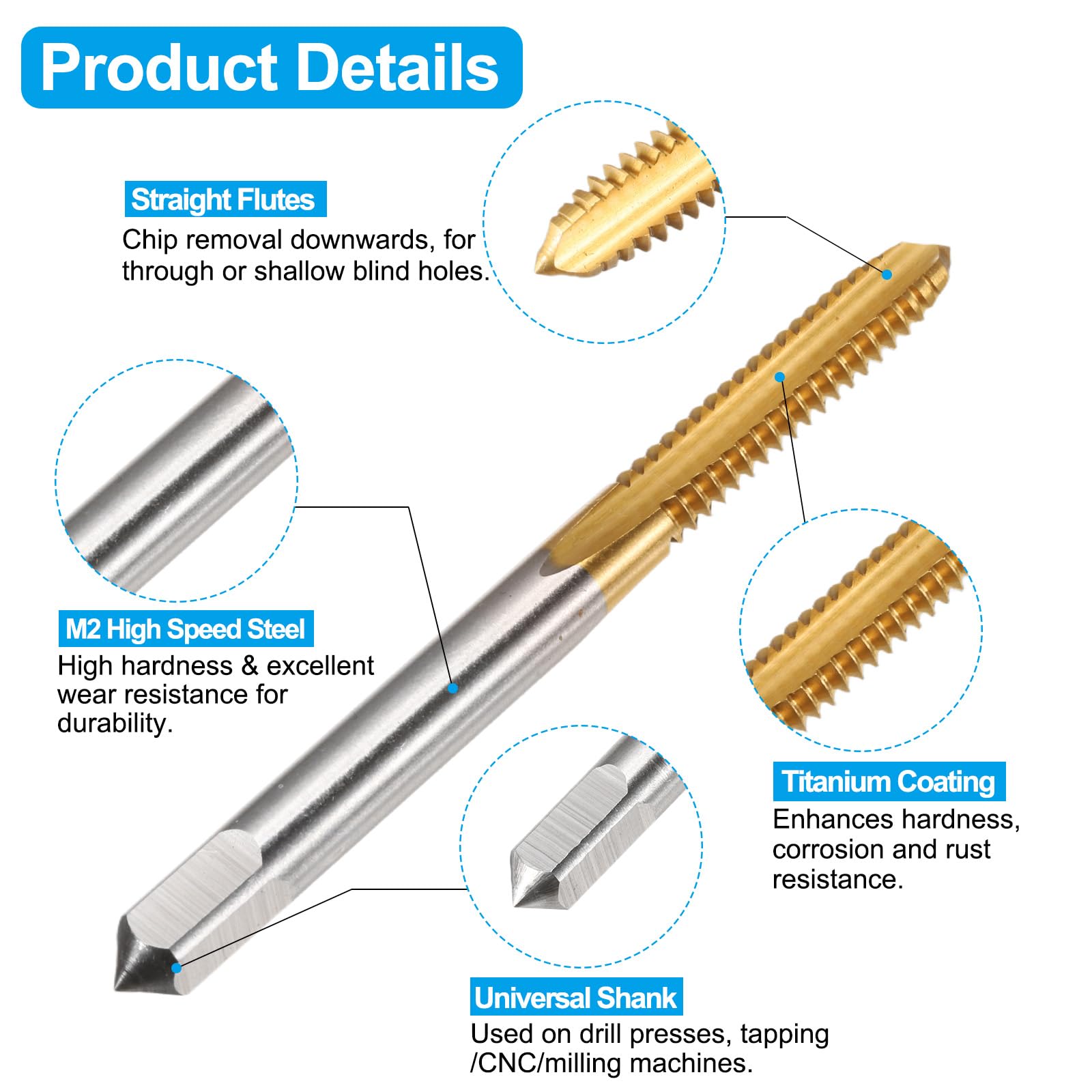 Set di Maschi e Punte da Trapano, 1 Maschio filettato a scanalatura Dritta M6 x 1,25 e 1 Punta elicoidale da 4,7 mm, Kit di Utensili per Filettatura HSS-6542 Rivestiti in Titanio