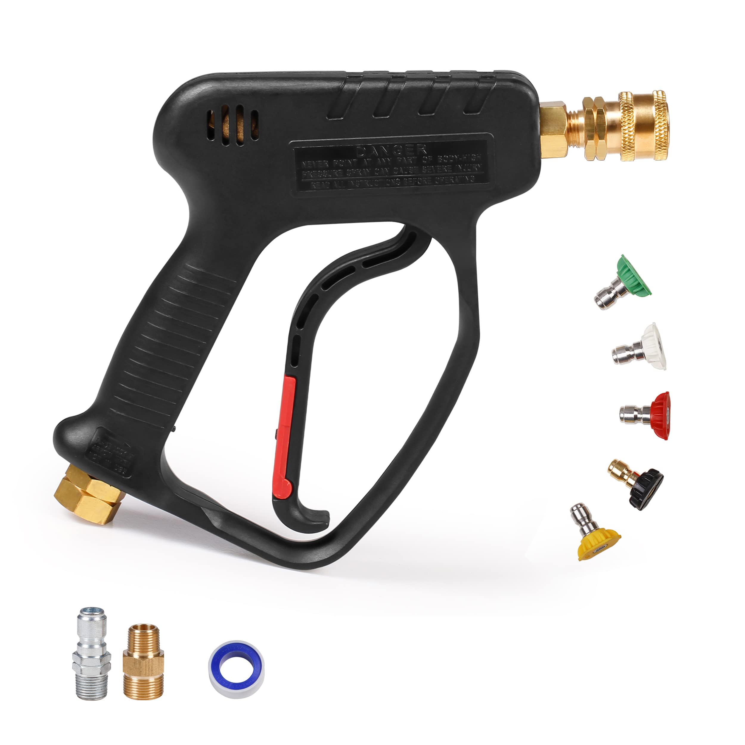 MEKOH High Pressure Washer Short Gun, 5000 PSI 10.5 GPM Industrial Pressure Power Water Spray Gun, with 5 Nozzle Tips, 1/4'' Outlet, 3/8'' Quick Connect，M22-14mm Fitting, PTFE Tape