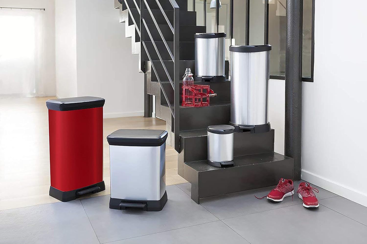 Curver Metal Effect 70% Recycled Kitchen Pedal Touch Deco Bin 50 litres - Red