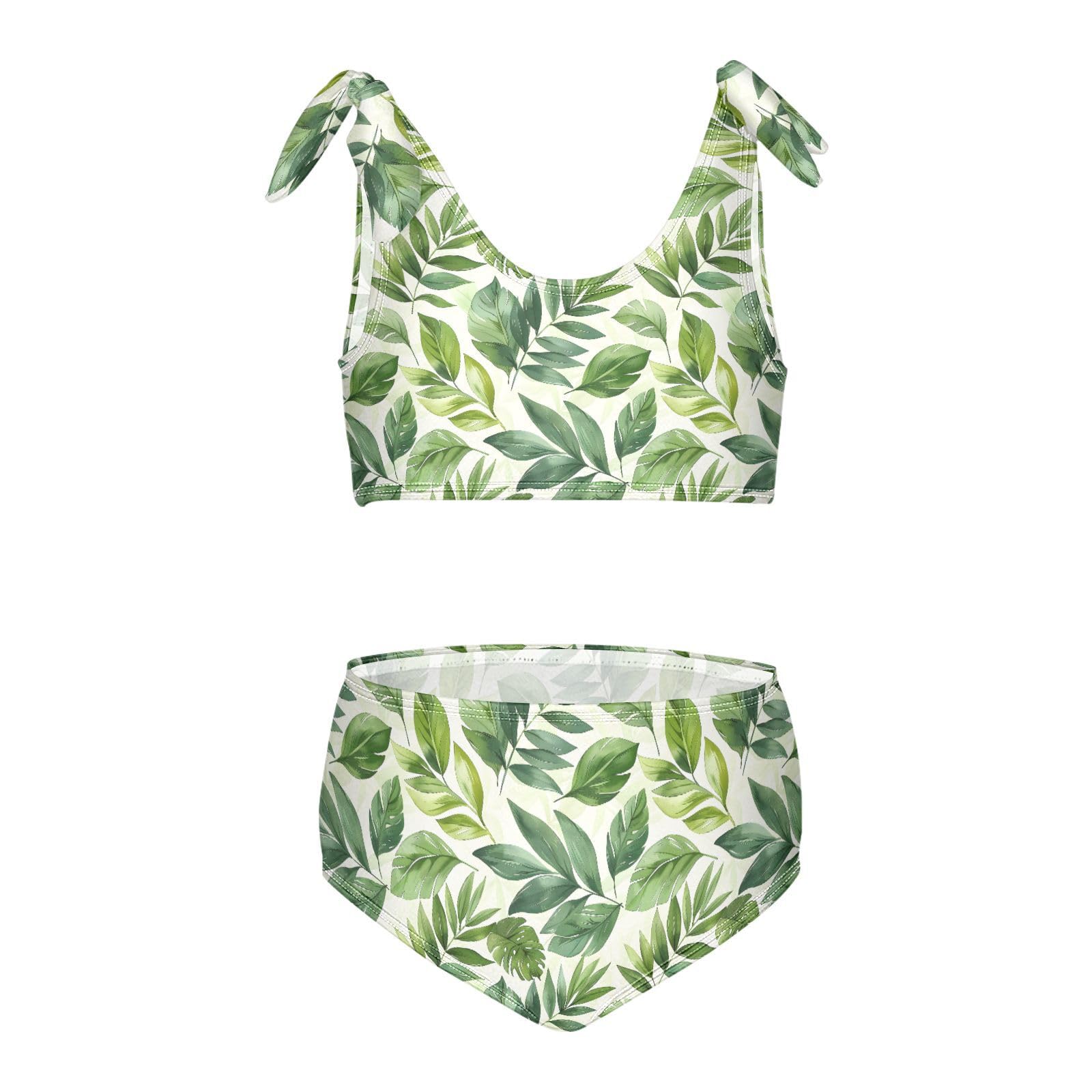 Leaves Pattern Girls Tankini Swim Set, Two Piece Swimsuits Summer Bikini Swimwear Set for Girls, 4T