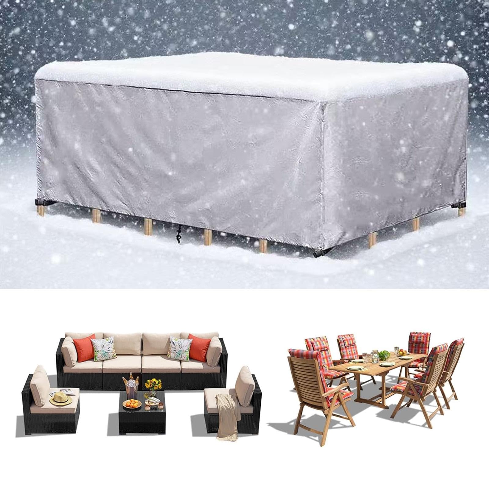 KADING Garden Furniture Cover Waterproof, 193x128x80cm/LxWxH Silver Rectangular Outdoor Patio Rattan Sofa Table and Chair Sofa Bistro Set Cover, Windproof Buckles, Anti UV/Tear 420D Oxford Fabric