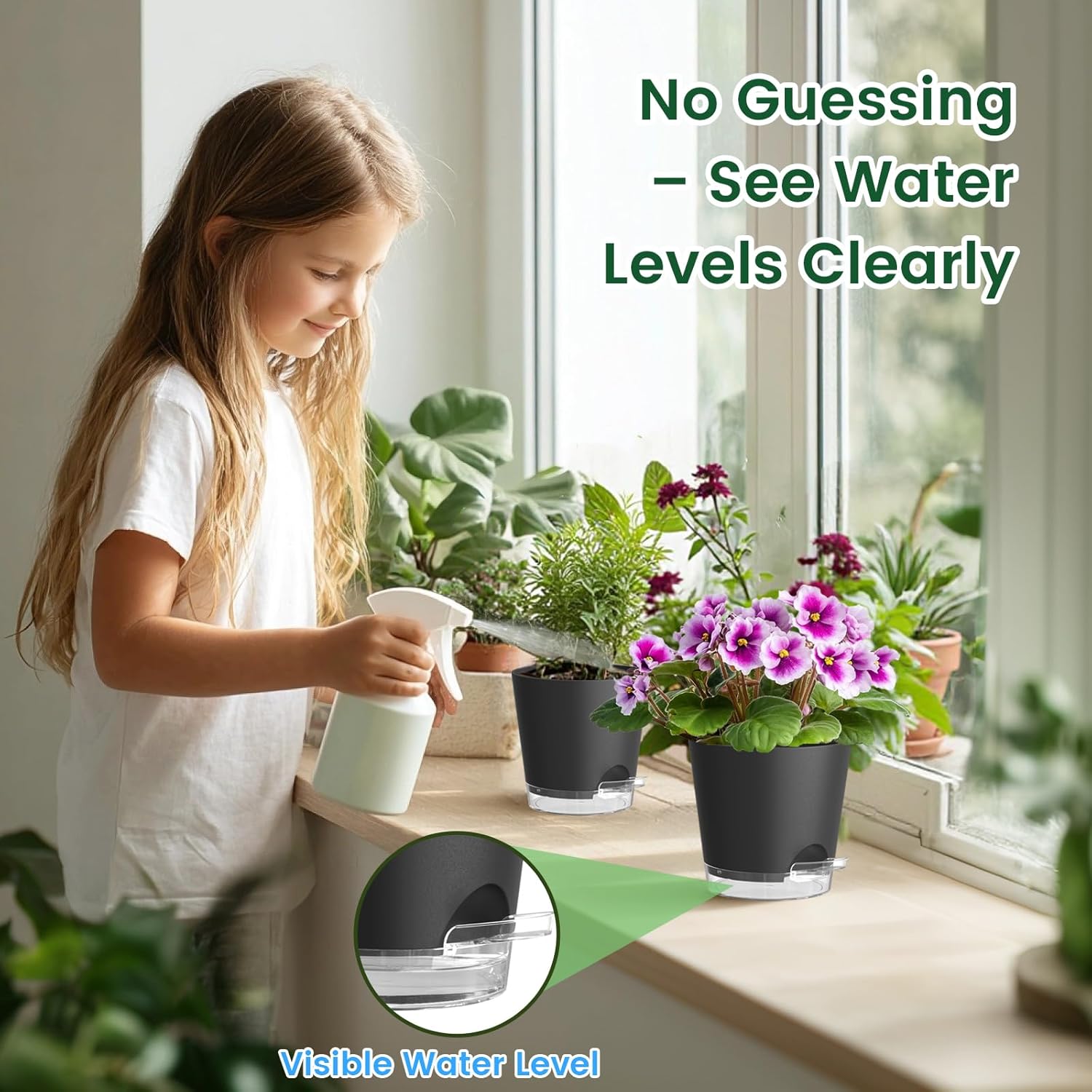 Meowell 7 inch Self Watering Pots for Indoor Plants, 5 Pack Plant Pots with Drainage Holes & Clear Reservoir for Visible Water Level, Plastic Wicking Planter Pots for House Plants and Flower, Black