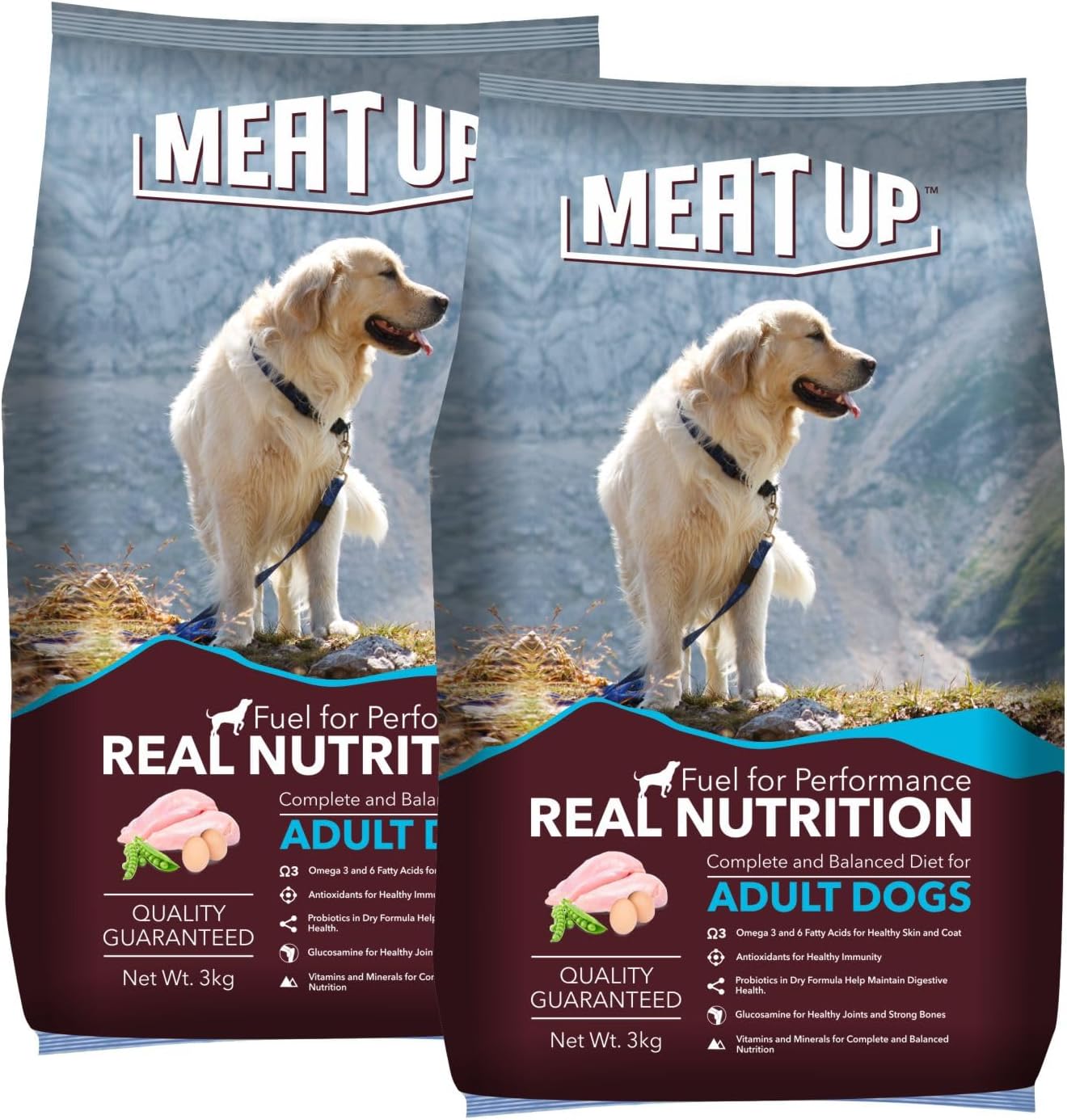 Meat Up Dry Dog Food, Real Chicken, 6 Kg( 2 x 3 Kg) | High Protein & Fibre, Omega 3 & 6 For Healthy Skin & Coat, Strong Bones & Joint Health, Builds Immunity