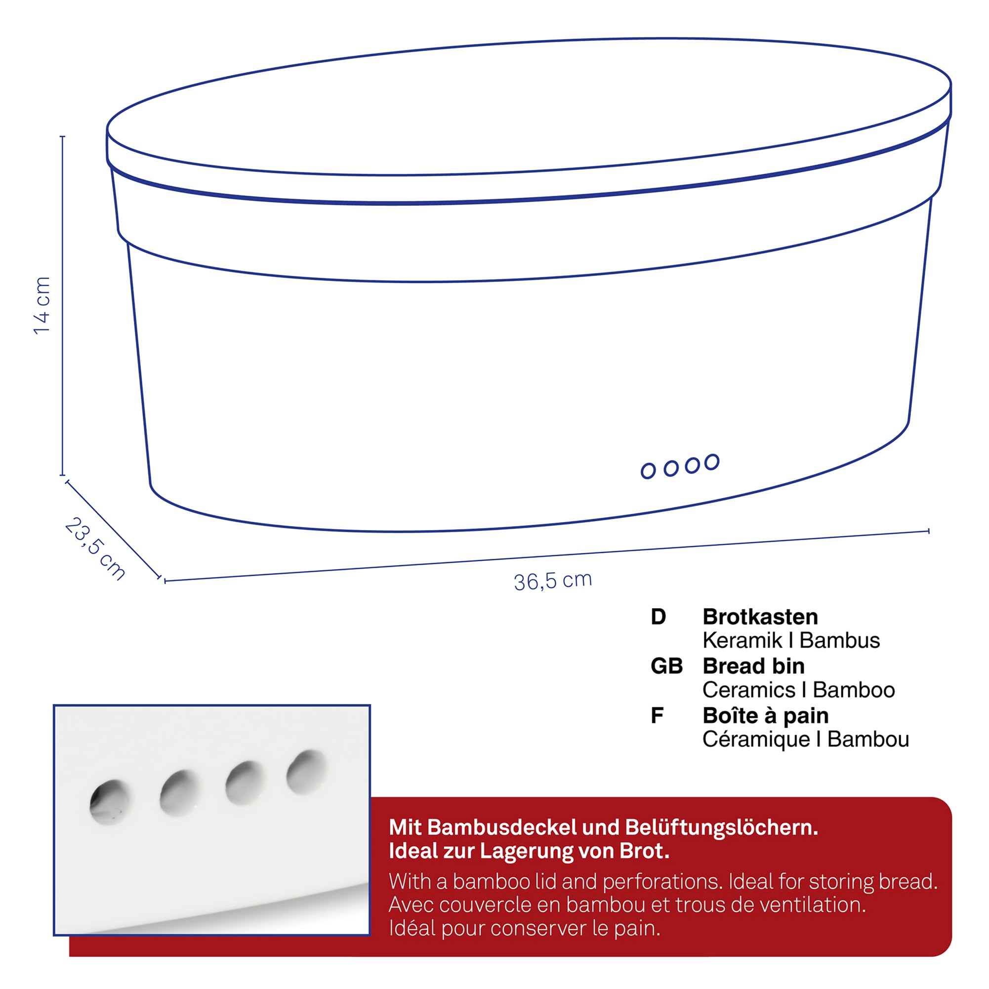 kela Keramik Brotkasten mit Lüftungslöcher 36,5x23,5x14cm, Brotbox Keramik, SALENA, Brottopf weiß