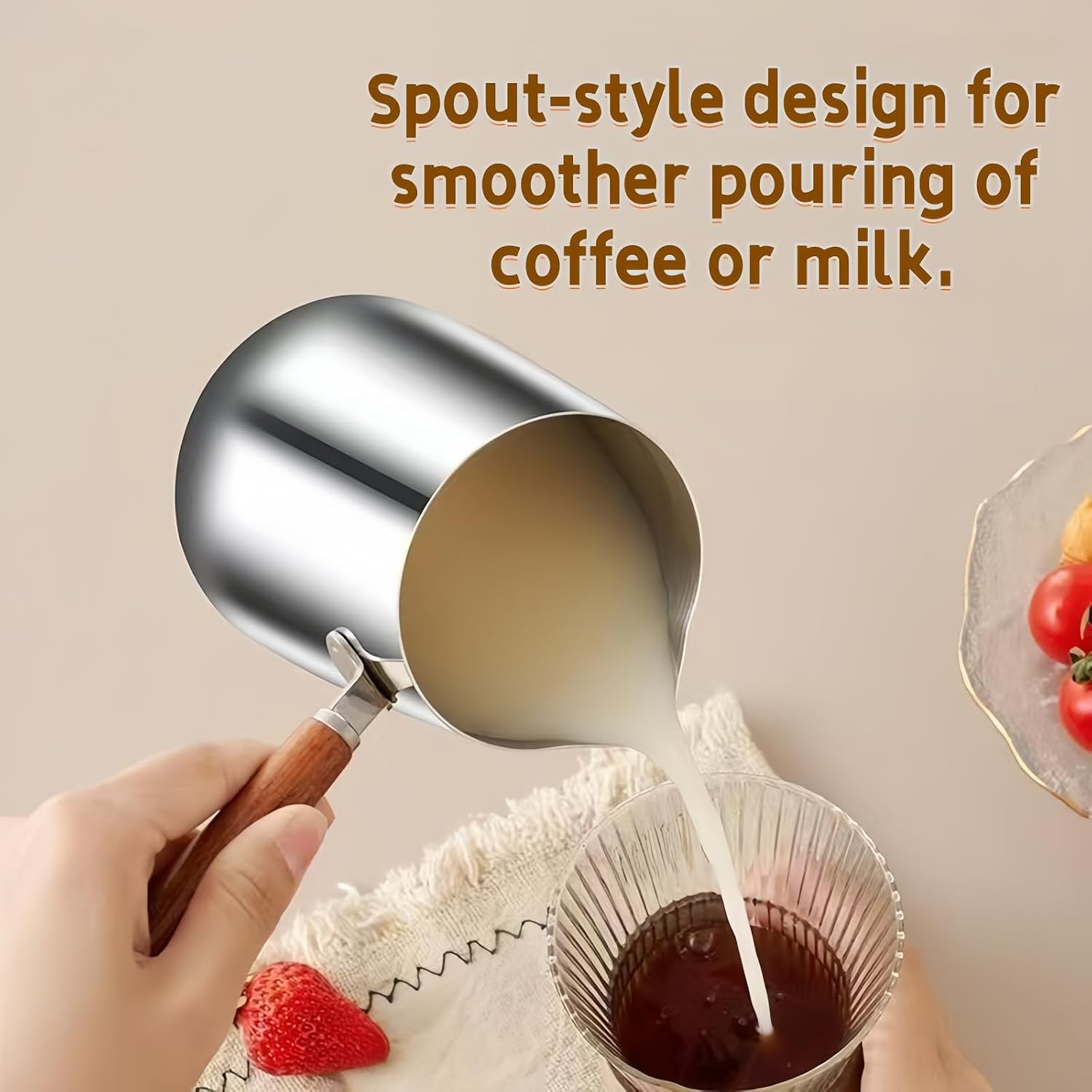 Milk Butter Warmer Pot, 18oz/550ml Turkish Coffee Pot with Wooden Handle, Stovetop Chocolate Melting Pan, Cezve Ibrik Briki Greek Arabic Coffee Maker for Maple Syrup, 18/8 Stainless Steel