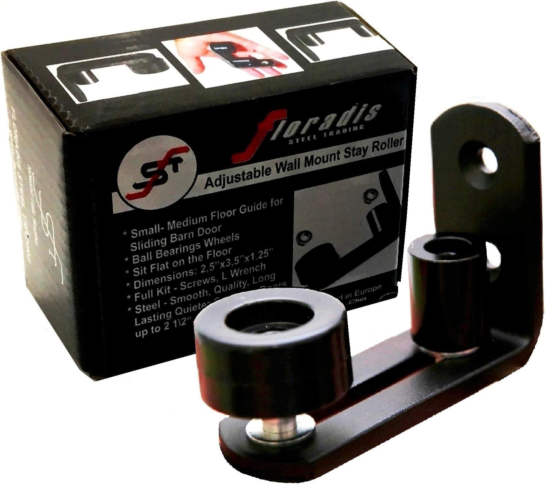 Small Floor Guide Stay Roller for Bottom of Sliding Barn Doors. Ultra Smooth Ball Bearings Wheels. Flush to Floor. Fully Adjustable Hardware. Multiple Setups. Black Wall Mount Guide Hardware