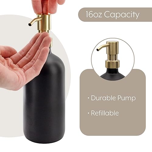 Miniatura 7 de Darware Botellas de bomba de vidrio de 16 onzas (juego de 2, negro con oro) botellas dispensadoras de jabón con tapas de bomba de metal cepillado