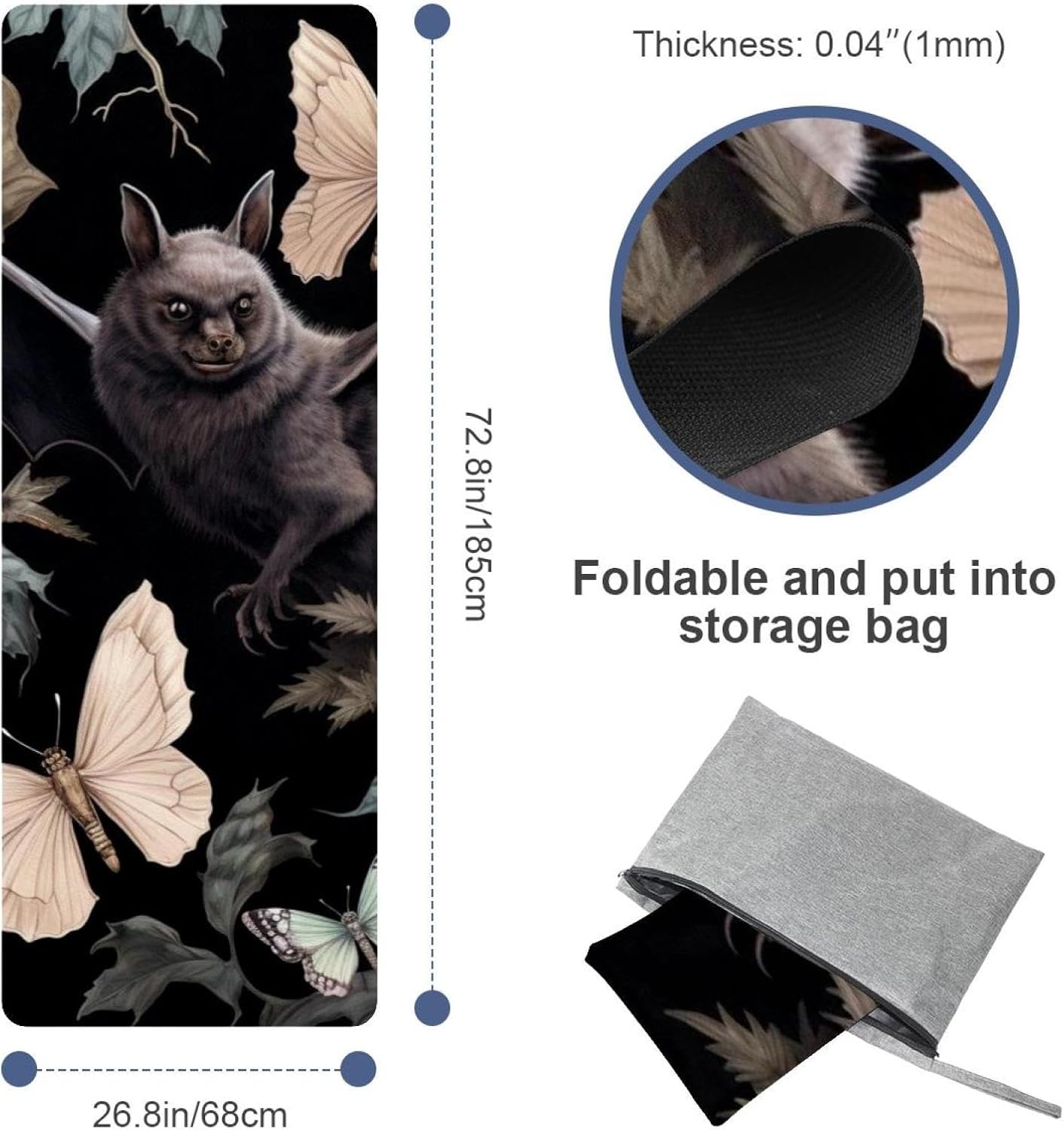 Yoga Towel, Bat Pattern Non Slip Sweat Absorbent Hot Yoga Mat Towel for Hot Yoga, Pilates and Fitness - 72.8" x 26.8"