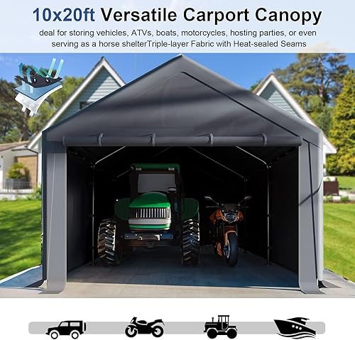 Miniatura 6 de Cochera al aire libre, toldo resistente de 10 x 20 pies, carpa portátil para fiestas, garaje portátil con paredes laterales y puertas extraíbles,