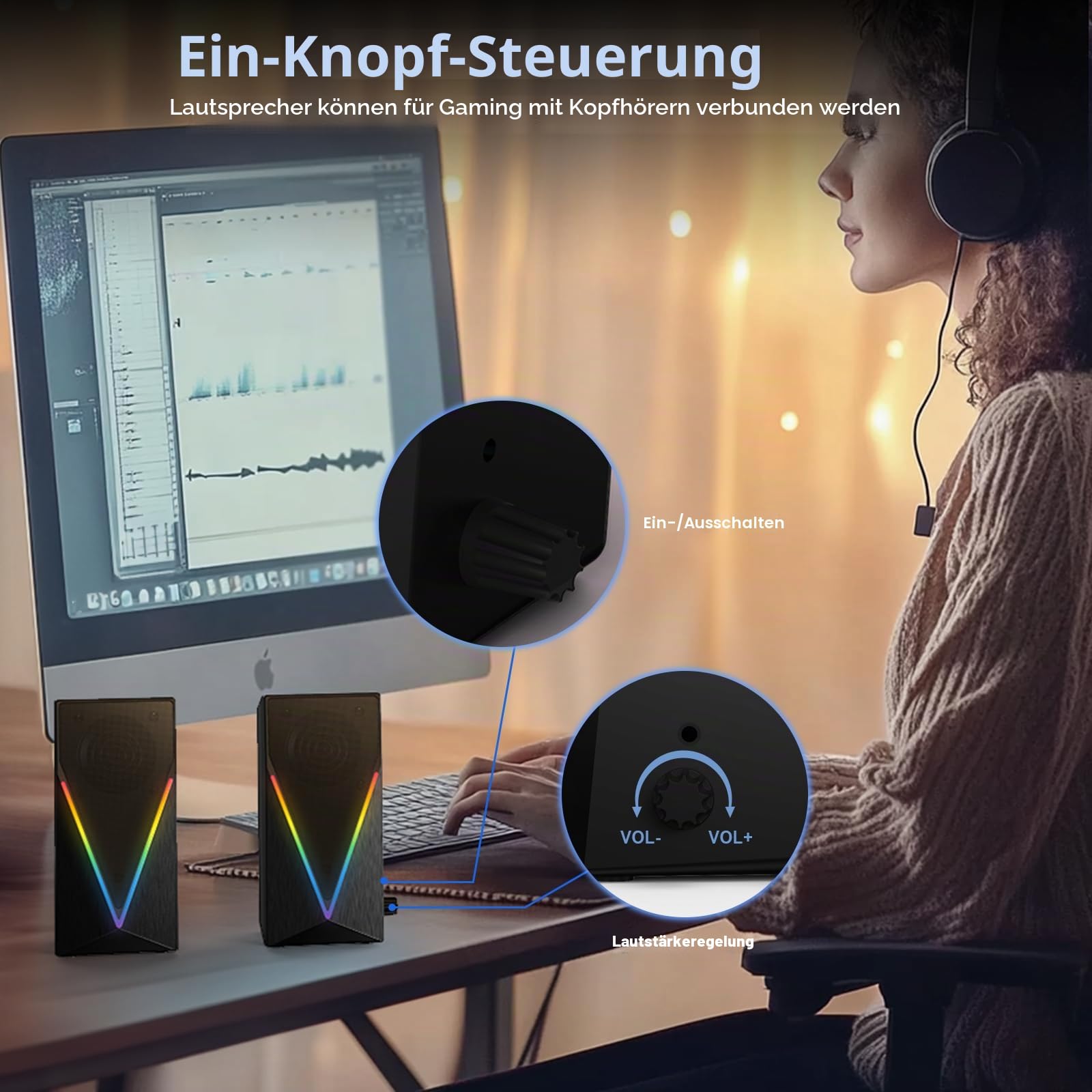 Lautsprecher Desktop-PC-Lautsprecher mit 6 bunten RGB-Lichtern, Kopfhöreranschluss und verbesserter Bass, USB-betrieben