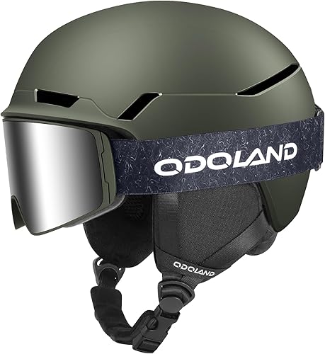 Odoland Casco de esquí de nieve, casco de snowboard con gafas, compatible con Googles, ajuste de dial, casco certificado de seguridad y gafas