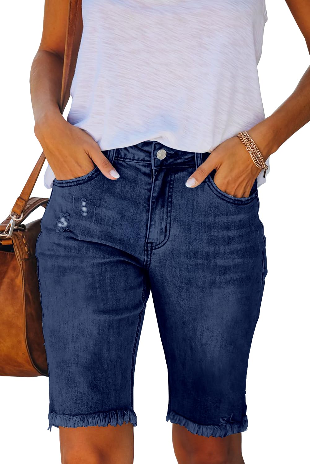 Necooer Damen Sommer Casual Denim Shorts Doppelknopf Zerrissene Jeans Aufgerollt Stretchy Hot Short(S,09-Blau)