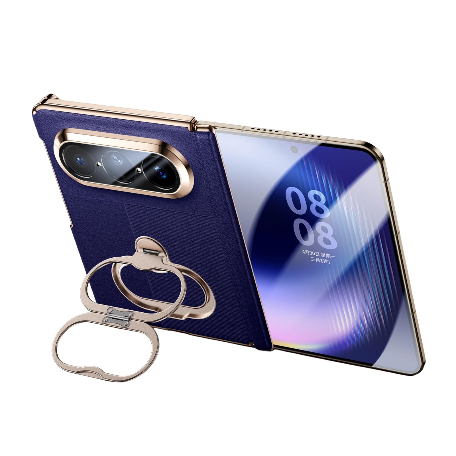 Housse pour Huawei Pura X Max en cuir avec anneau béquille antichoc bleu