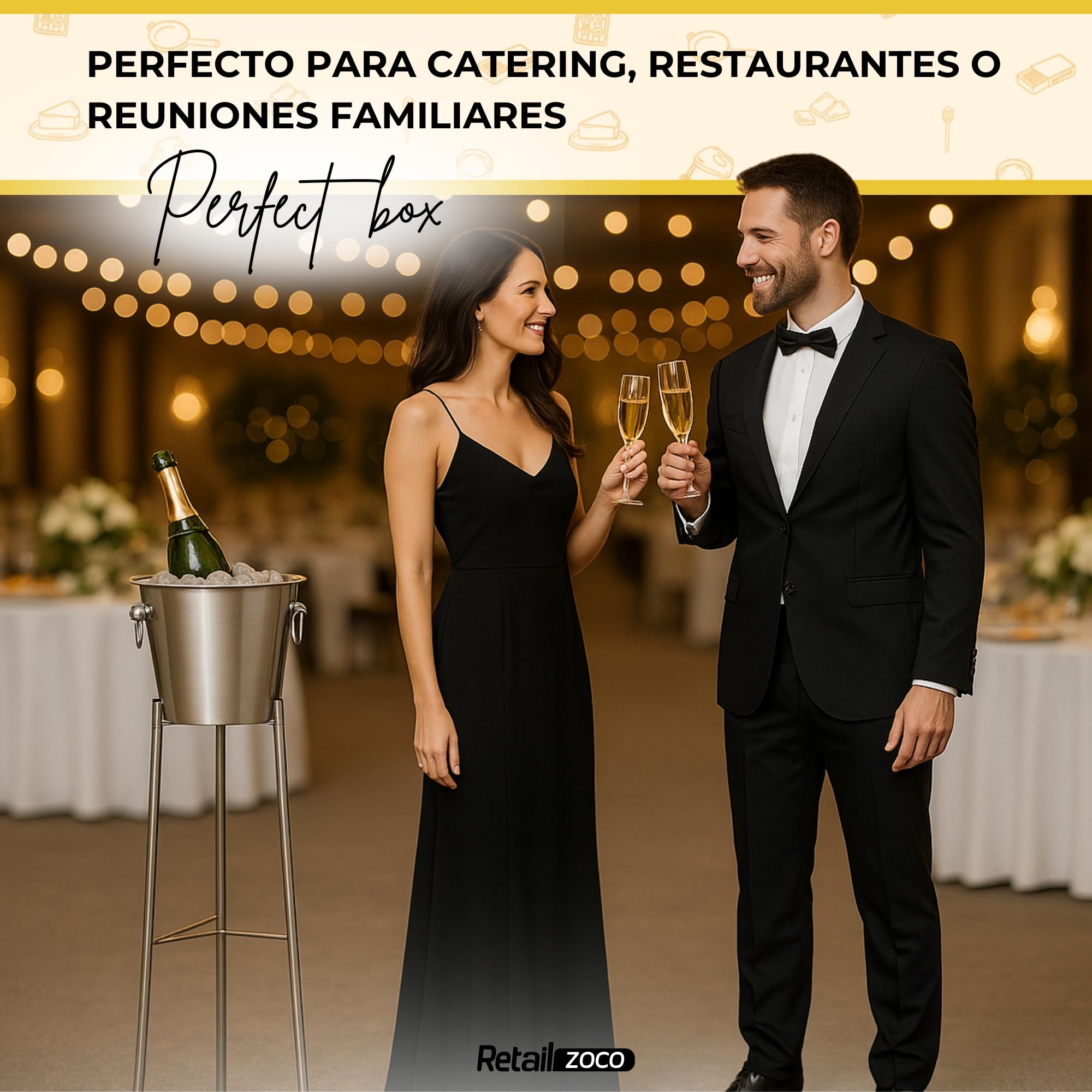 CHEFZOCO Champanera con asass, Cubitera Acero Inoxidable, Cubo de Champán, Enfriador de Botellas, Diámetro 22 cm, Altura 21 cm, Acero Inoxidable, Apto para Enfriar refrescos, champán, Vino, Cerveza