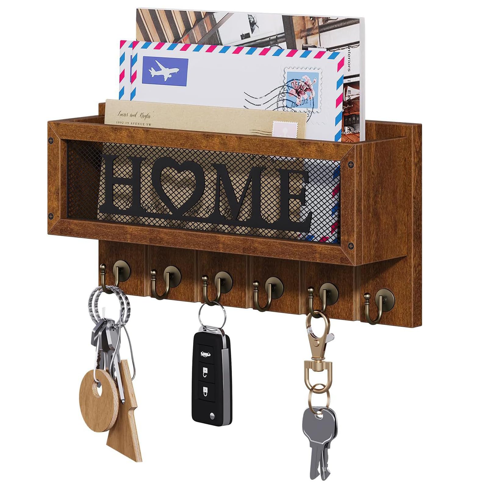 Porte-Lettres et Clés pour Décoration Murale, avec 6 Crochets,Brun | Porte Clef Mural Crochet à clé Mural en Bois Organiseur de Courrier Vintage Support Mural, Lettres, Journaux