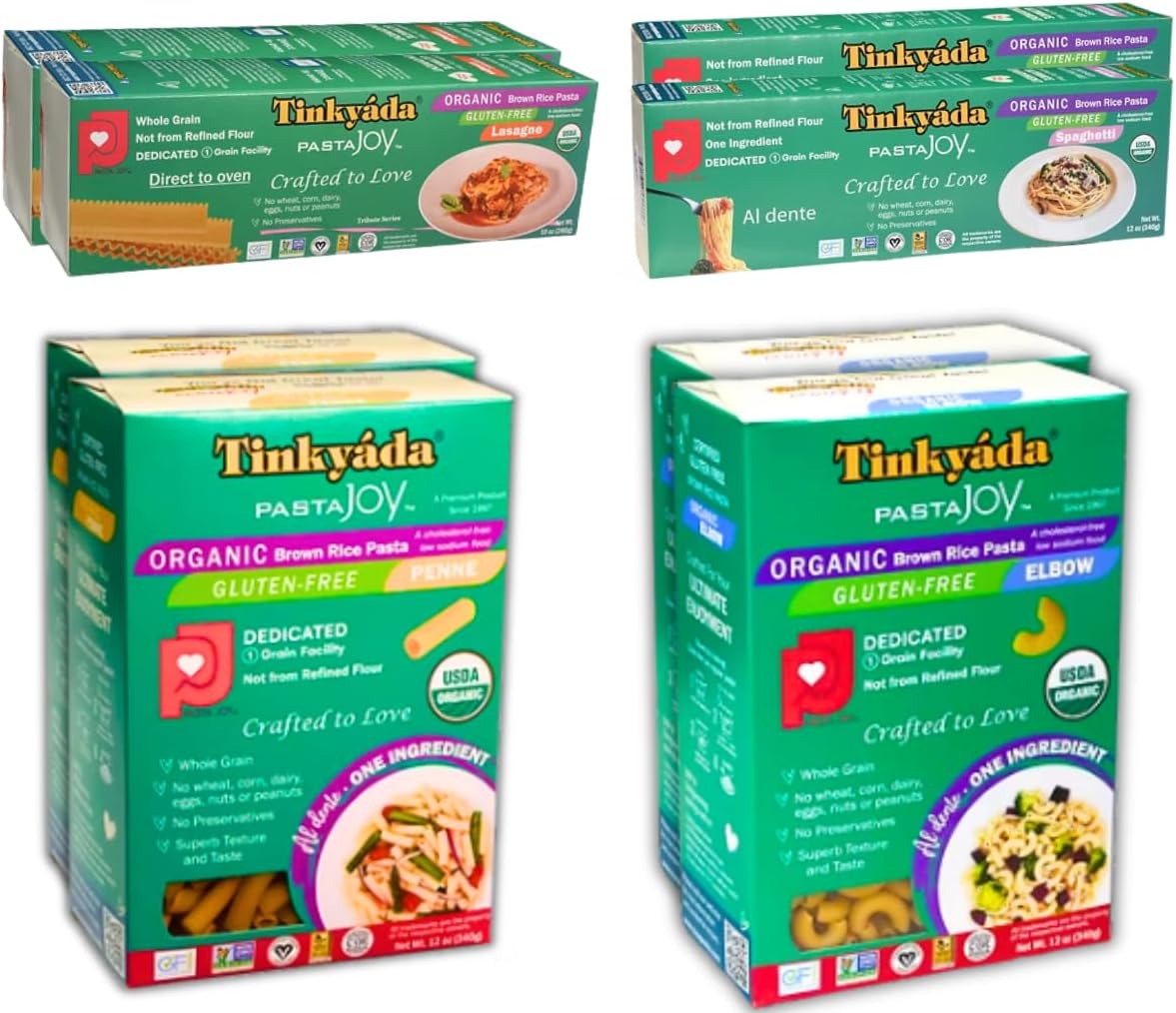 Tinkyada Organic Gluten-Free Brown Rice Pasta Variety Pack, 8 Pack – Elbow, Spaghetti, Lasagne & Penne – Certified Organic, Wheat-Free, Made from Brown Rice