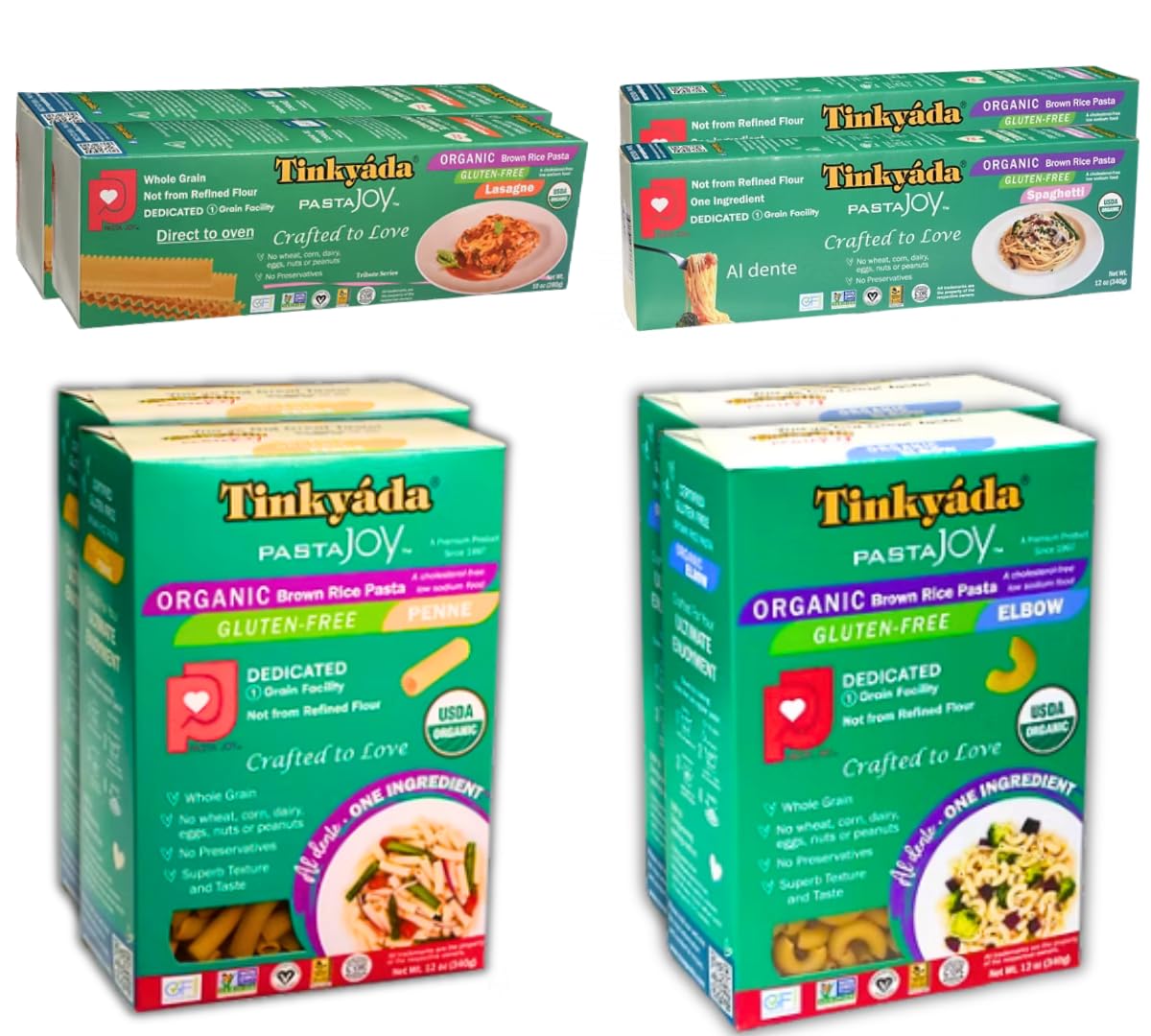 Tinkyada Organic Gluten-Free Brown Rice Pasta Variety Pack, 8 Pack – Elbow, Spaghetti, Lasagne & Penne – Certified Organic, Wheat-Free, Made from Brown Rice