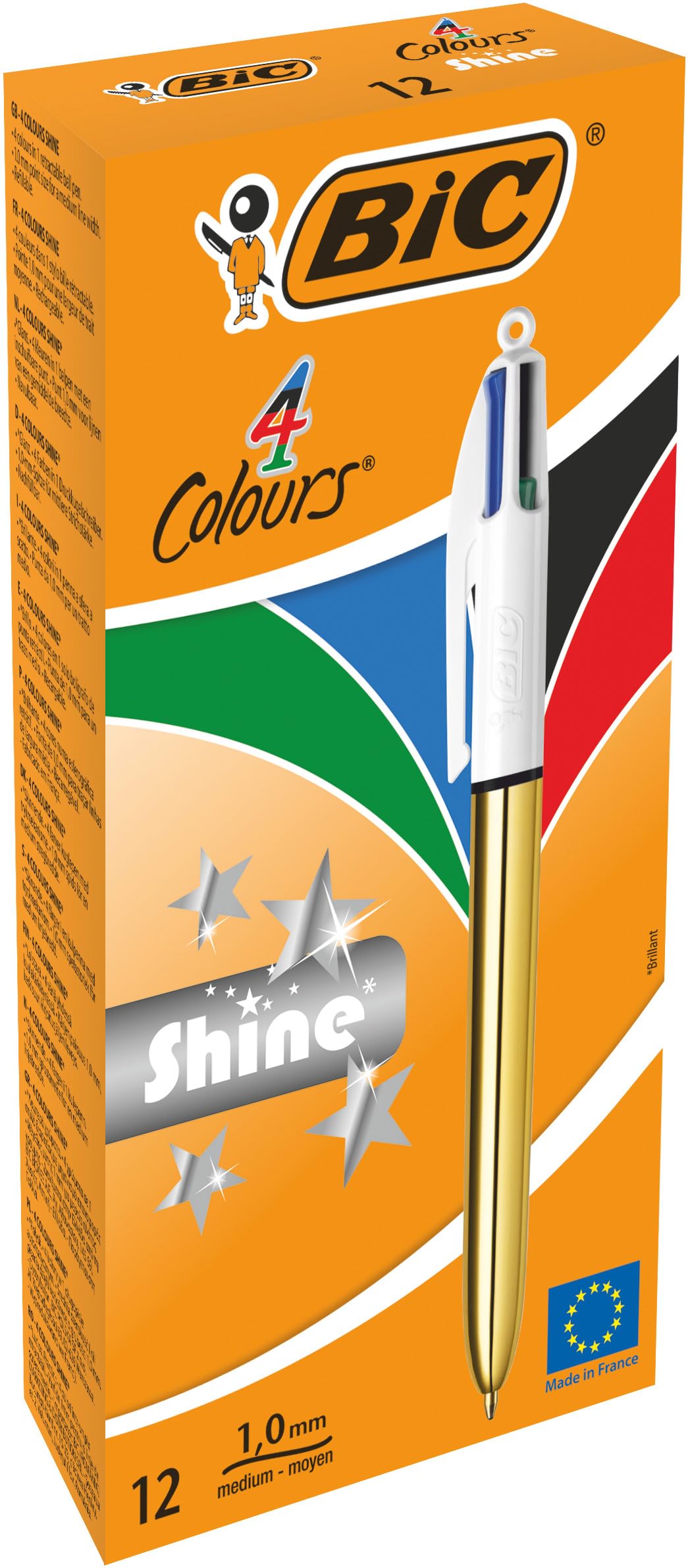 BIC 4 Colours Shine Ballpoint Pens Medium Point (1.0 mm) - Metallic Gold Barrel, Box of 12