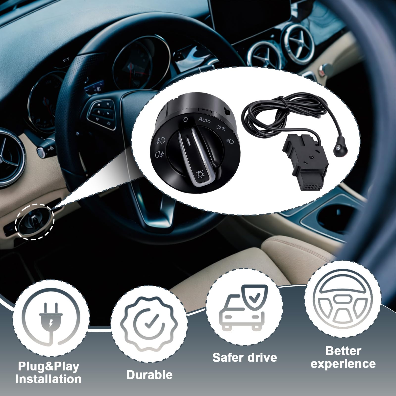 Gainbon Generic - Sensor de luz de coche + interruptor cromado para VW Golf 5 / Golf MK6 / Tiguan/Jetta MK5