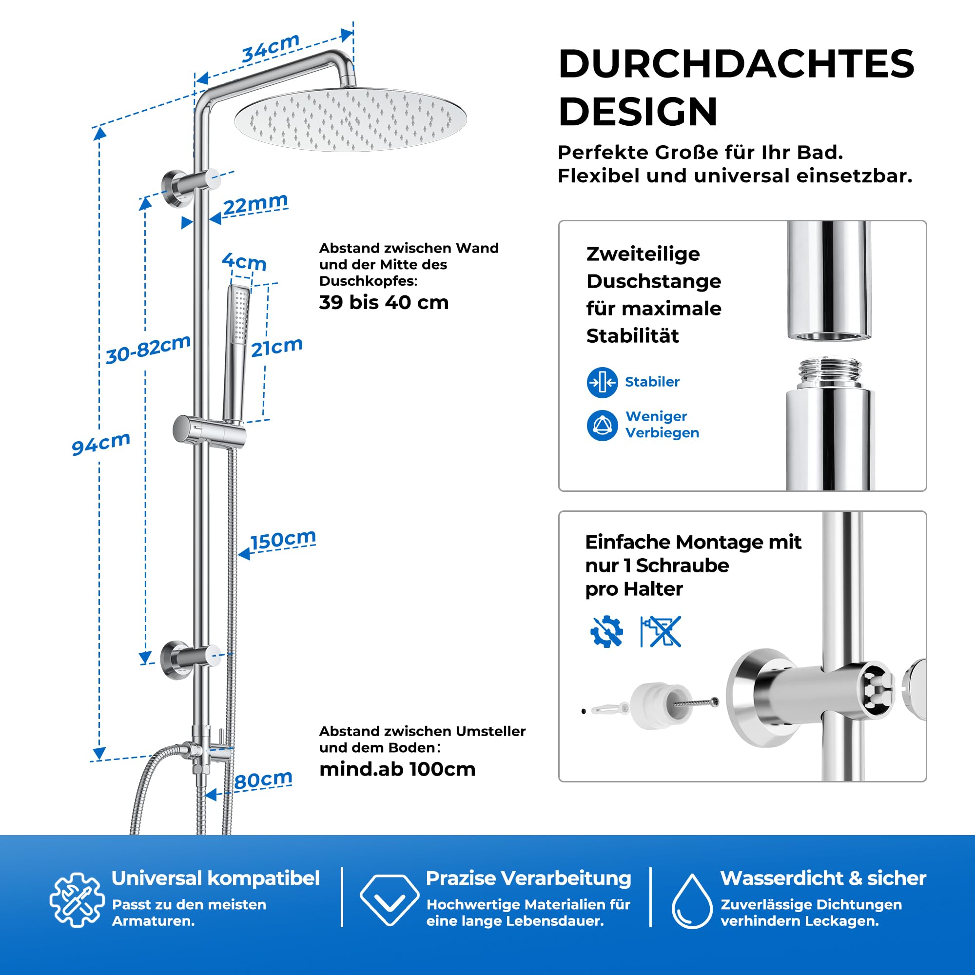 Görbach Columna de Hidromasaje Columna de Ducha Completo sin Grifo Acero Inox Barra de Altura Adjustable Set Ducha con Ducha Mano y Cabezal Ducha Rociador en INOXI D20cm
