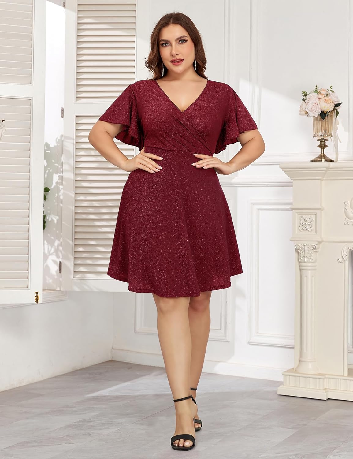 ZOMVA 2025 Plus Size 0X-4X Sparkly Glitter Wrap V Neck A Line Mini Dress Sparkle Sequin Sexy Dresses Cocktail Party Club - Image 3