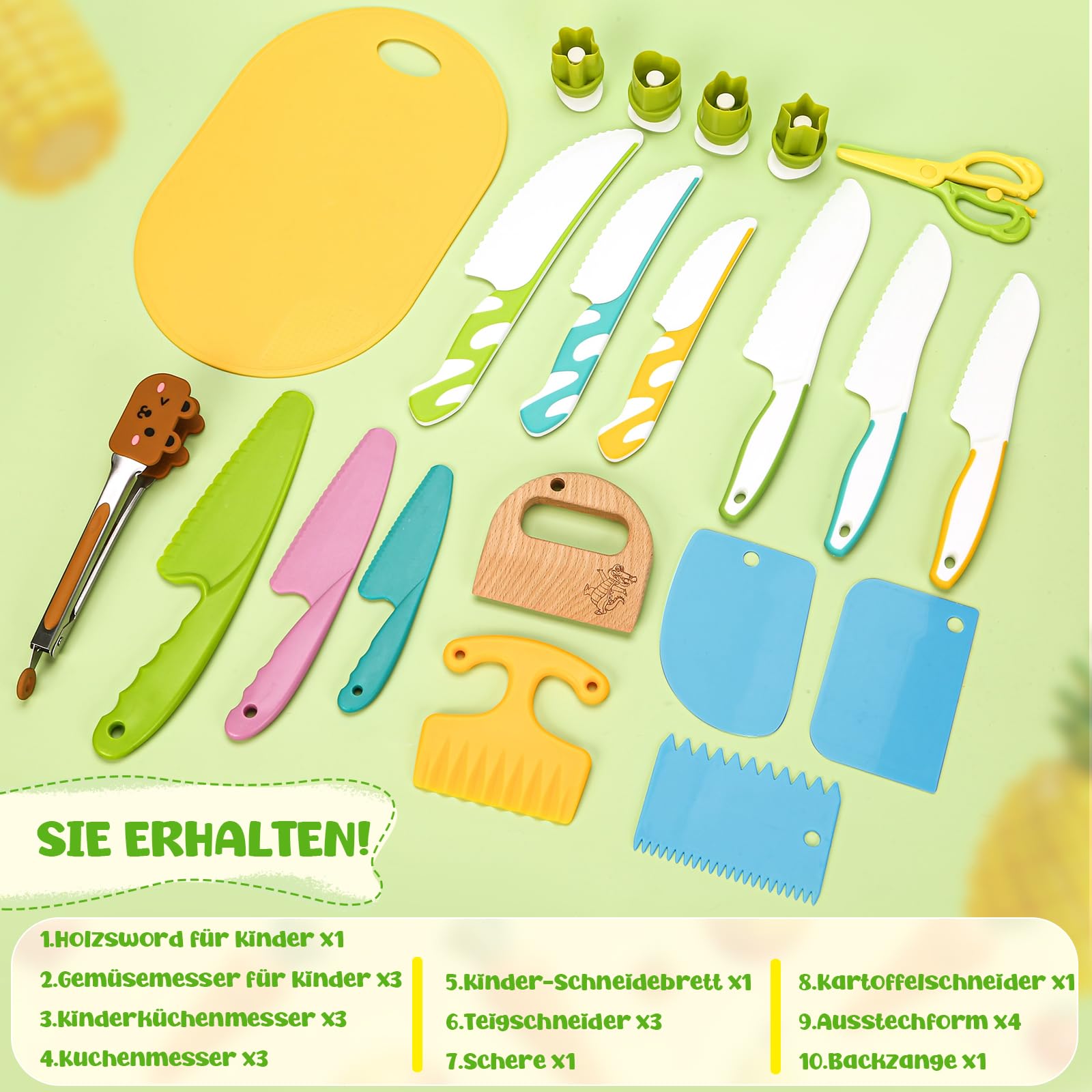 Kindermesser 21- teiliges Kinder Sicherheit Küchenmesser für echtes Kochen und Schneiden mit Krokodil Holzmesser, Schneidebrett, Kinder Küchenspielzeug für Lernen & Spielen Montessori Messer