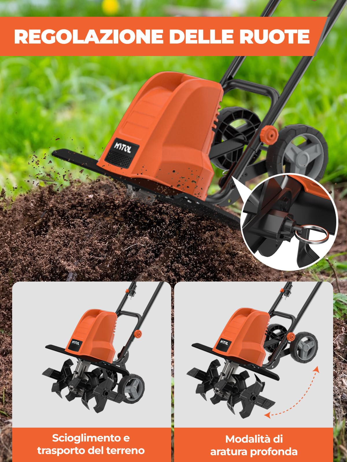 MYTOL Motozappa 1500W, Larghezza di Lavoro 45cm,Profondità 22cm, Motozappa Elettrica con 6×4 Rebbi in Acciaio Resistente, Manico Pieghevole,Doppio Pulsante di Sicurezza, Protezione da Surriscaldamento