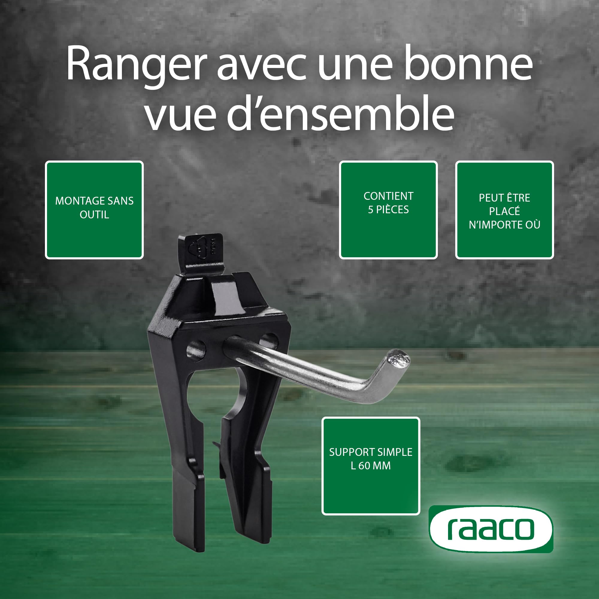 Raaco Crochets Simples Clip 1-60 pour Panneau Perforé et Mur d'Outils, Longueur 60 mm, 5kg max, Idéal pour Marteaux, Tournevis, Pinces et Plus, Crochet Porte Outils en Acier et Polyacétal, Lot de 5