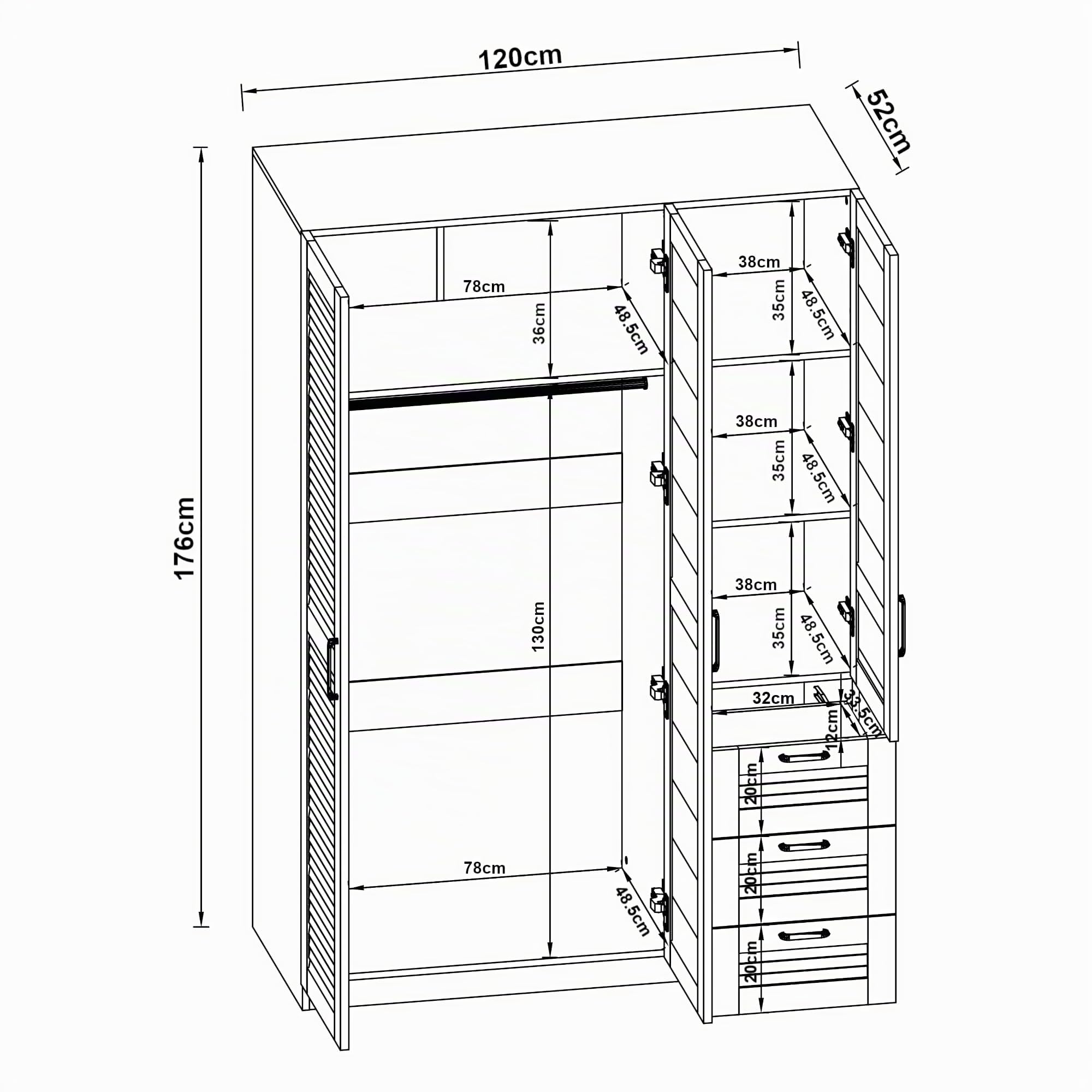 [en.casa] Armoire de Chambre avec Barre de Penderie 4 étagères 3 tiroirs Garde-Robe Placard Meuble de Rangement MDF 176 x 120 x 52 cm Effet Noyer Foncé