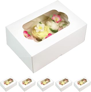 Global Sugar Art Deep Sturdy Cupcake Box with Insert, Holds 6 Cupcakes or Muffins, Cookie Box, Pastry Box, Brownies and Cinnamon Rolls. White with Window 10 x 7 x 4 Inches, 5 Count