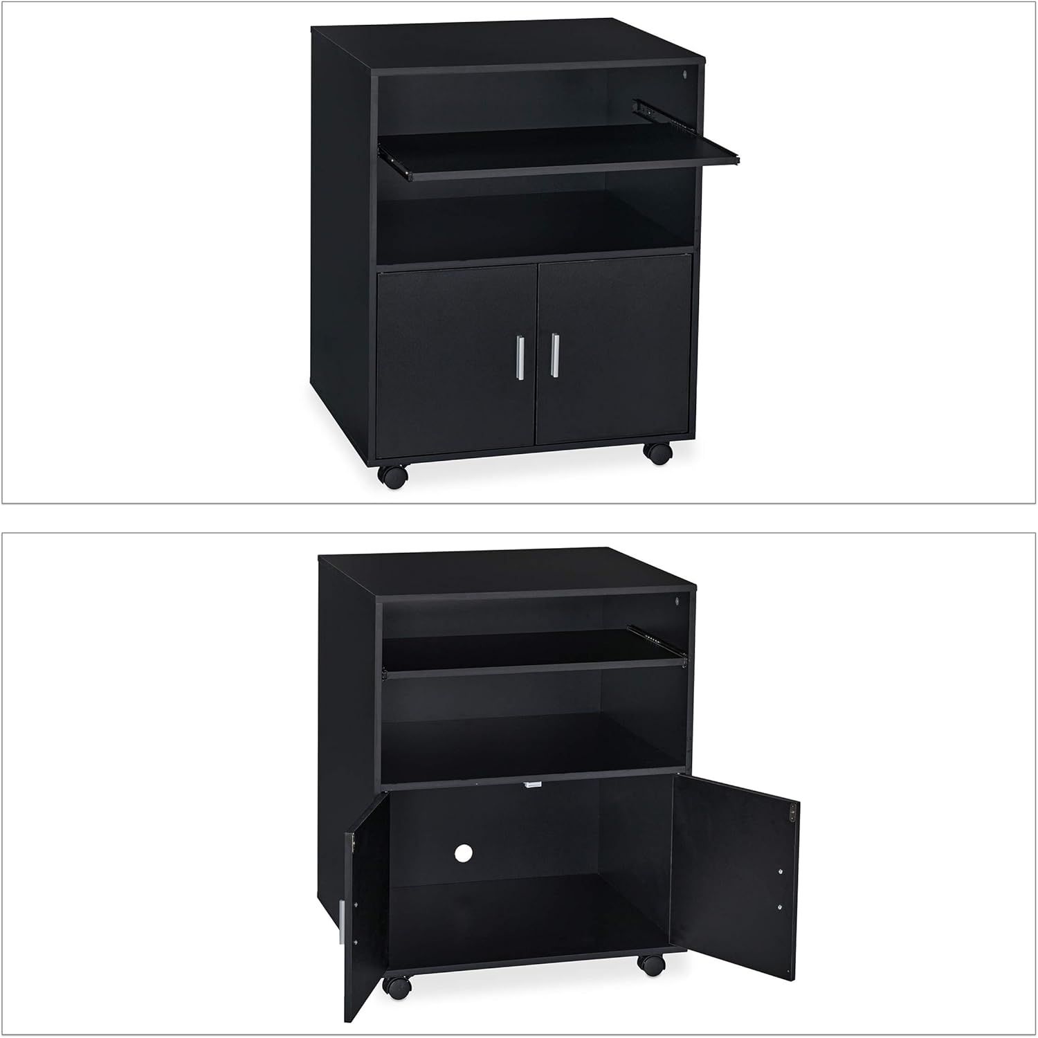 Relaxdays Office Rolling Container with 2 Compartments and Keyboard Drawer, Printer Table with Wheels, H x W x D: 74 x 60 x 48 cm, Black, Plastic