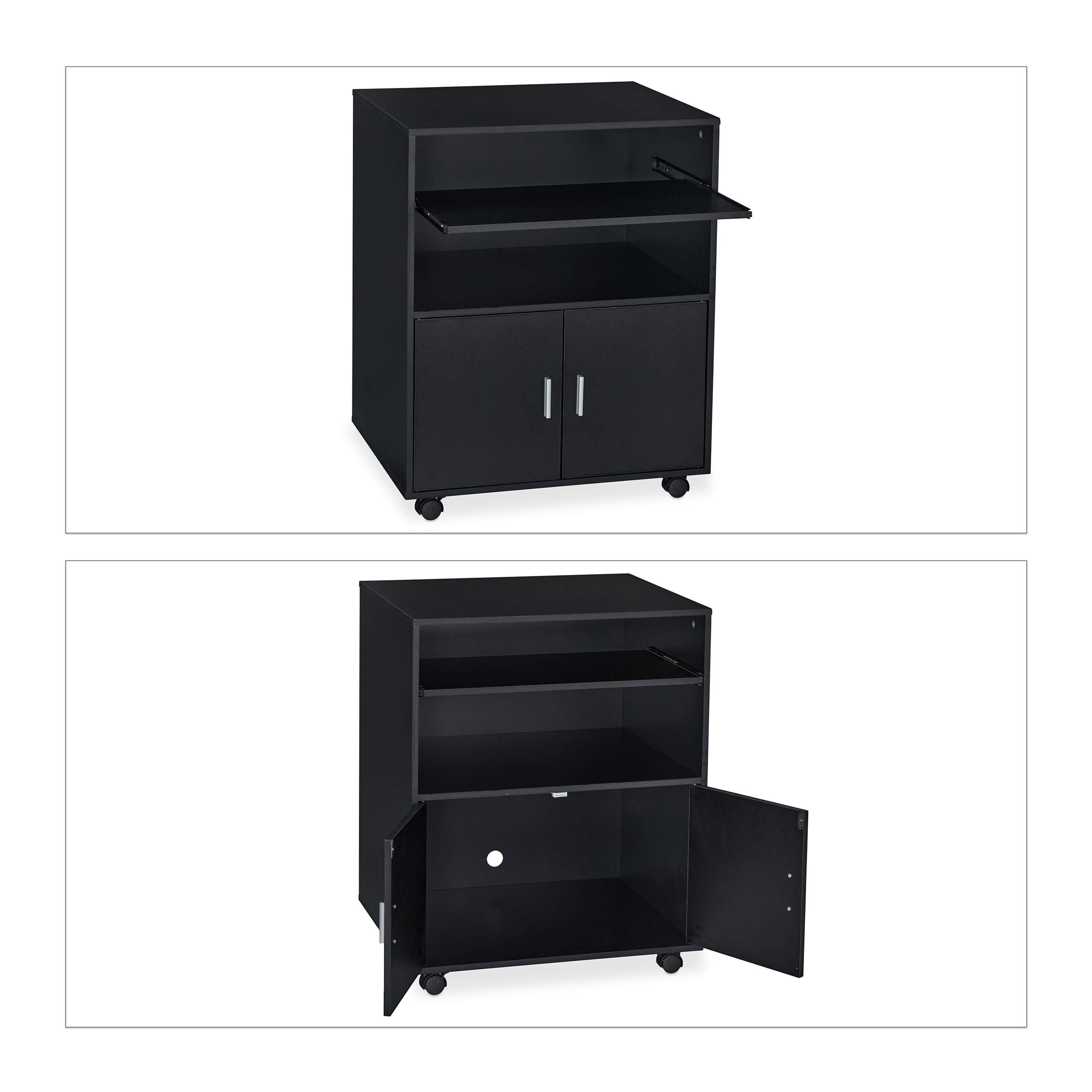 Relaxdays Carrello Porta Stampante da Ufficio, Tavolino a 2 Ripiani e Porta Tastiera, Mobile con Ruote, 74x60x48cm, Nero