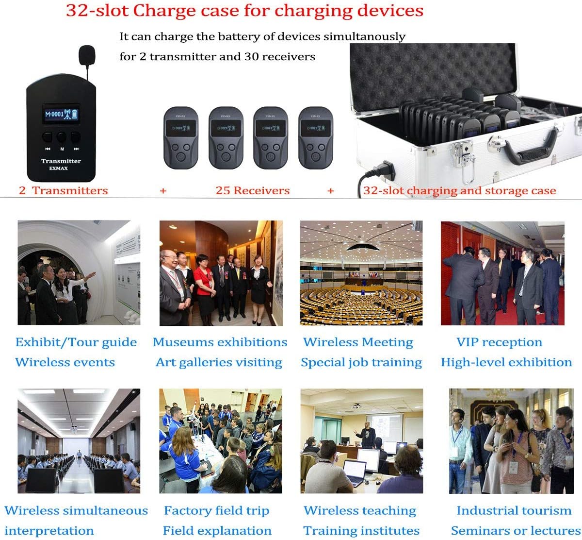 EXMAX EXD-101 2.4G Wireless Tour Guide Monitoring Voice Audio Transmission System for Teaching Museum Conference Church Translation Trip (4 Transmitters 56 Receivers + Aluminium 64-slot Charging Case)