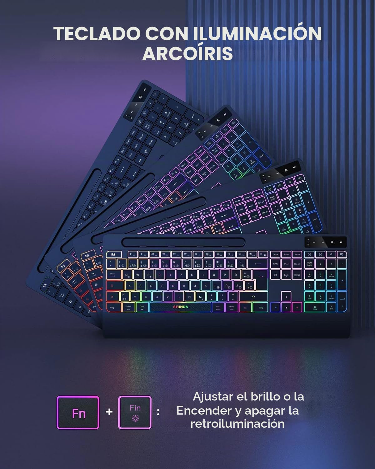 seenda Teclado y ratón inalámbricos iluminados, recargable USB y tipo C, teclado inalámbrico con ratón con soporte para teléfono móvil y reposamuñecas para PC/Windows/Mac, clic silencioso y