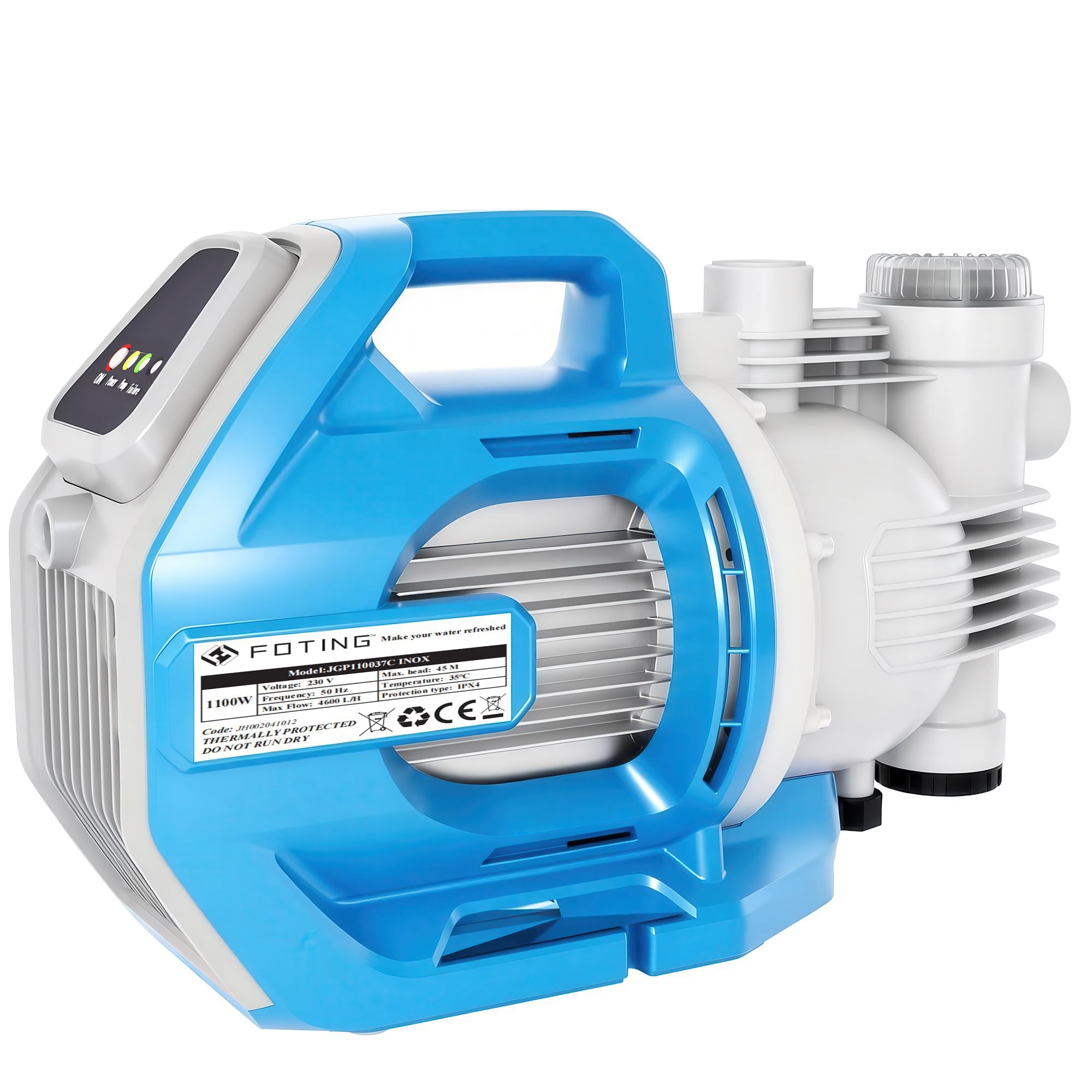 FOTING Gartenpumpe LED: 1100 W, 5.500 l/h, 50 m Förderhöhe, 4,8 bar – mit LED-Display, automatischem Druckschalter – Grob-Vorfilter, Überhitzungsschutz, max. 8 m Saughöhe – für Haus & Garten