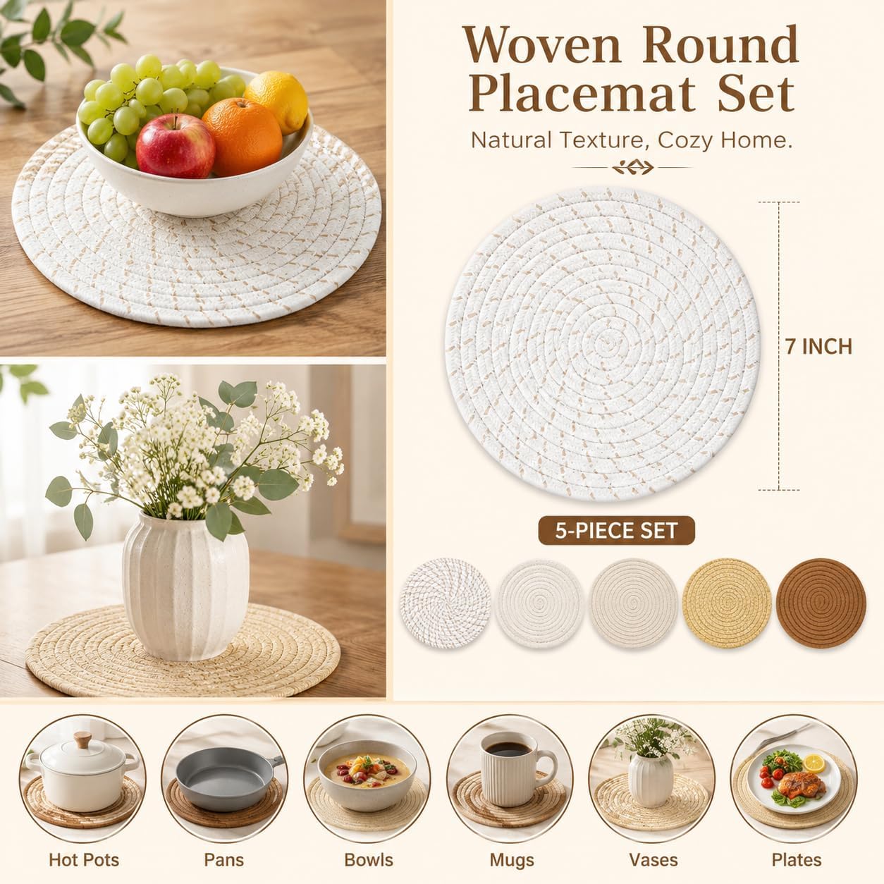 7" Trivets for Pots and Pans, 5 Pack Hot Pads for Kitchen Counter, Heat Resistant Pot Holders, Plate Mat for Countertop Table, Home Kitchen Essentials Decor (7'' - Khaki - 5pcs) image 2
