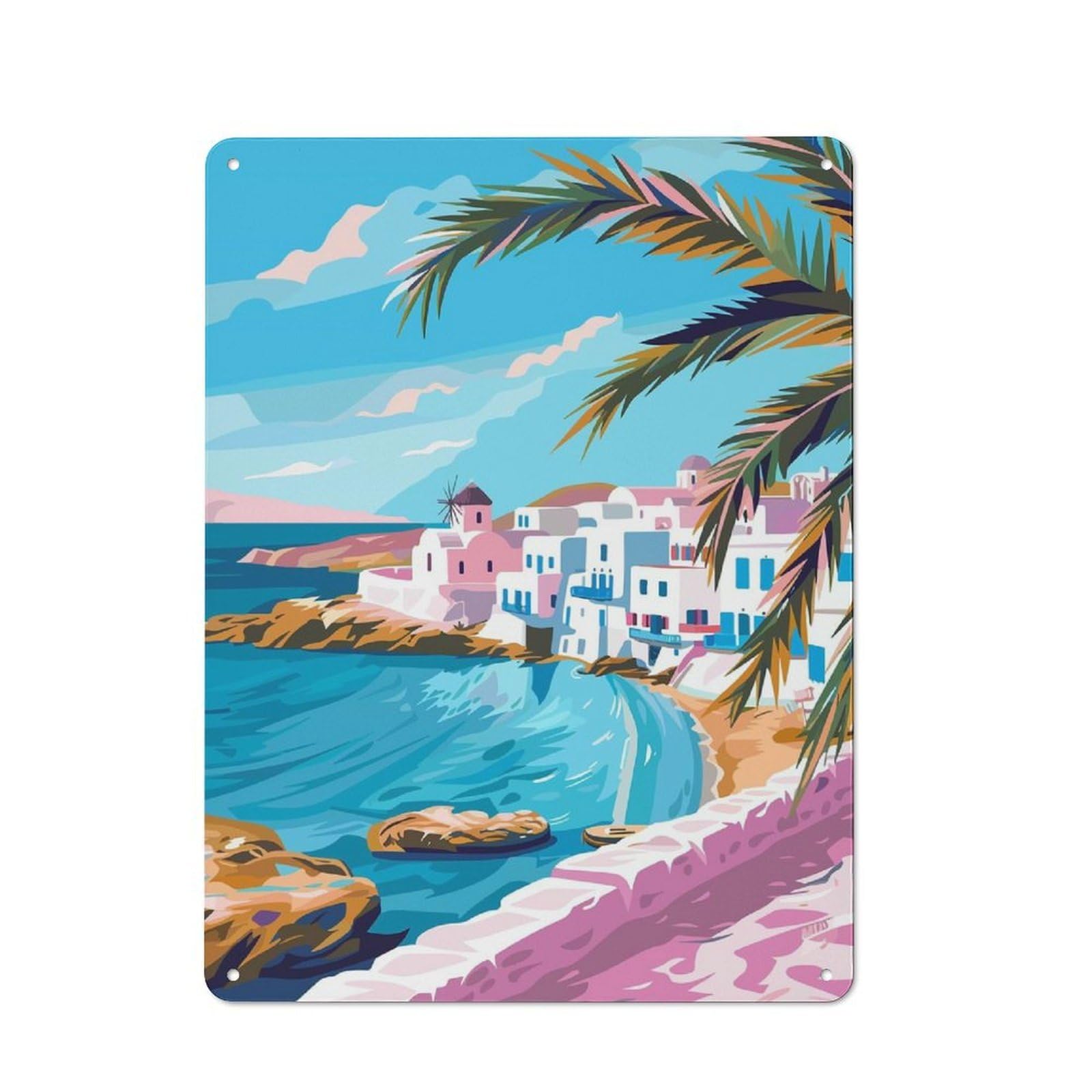 Junmoney Style-5 Metal Gift Sign With Mykonos Greece Travel Art Design 40X30cm, Character Room Wall Plaque For Flat, Dorm Room, Lounge Or Cafe