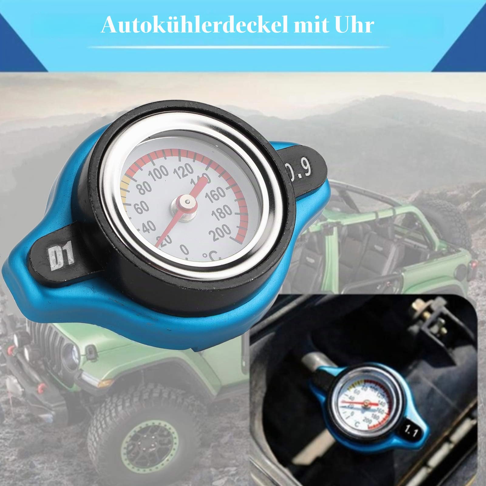 Qiilu Thermostatischer Kühlerdeckel, universeller Thermostatischer Kühlerverschlussdeckel Kühlerdeckel Wassertankdeckel Auslaufsicher mit Temperaturanzeige(Kleiner Kopf 0,9 bar)