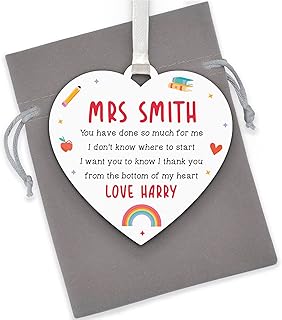 Teacher Thank You Hanging Heart Gift, Personalised Wooden Heart Plaque For Teacher Assistant TA Head Teacher Key Worker Nursery, Reception Teacher Gifts, Teacher Gifts Heart, With Grey Bag