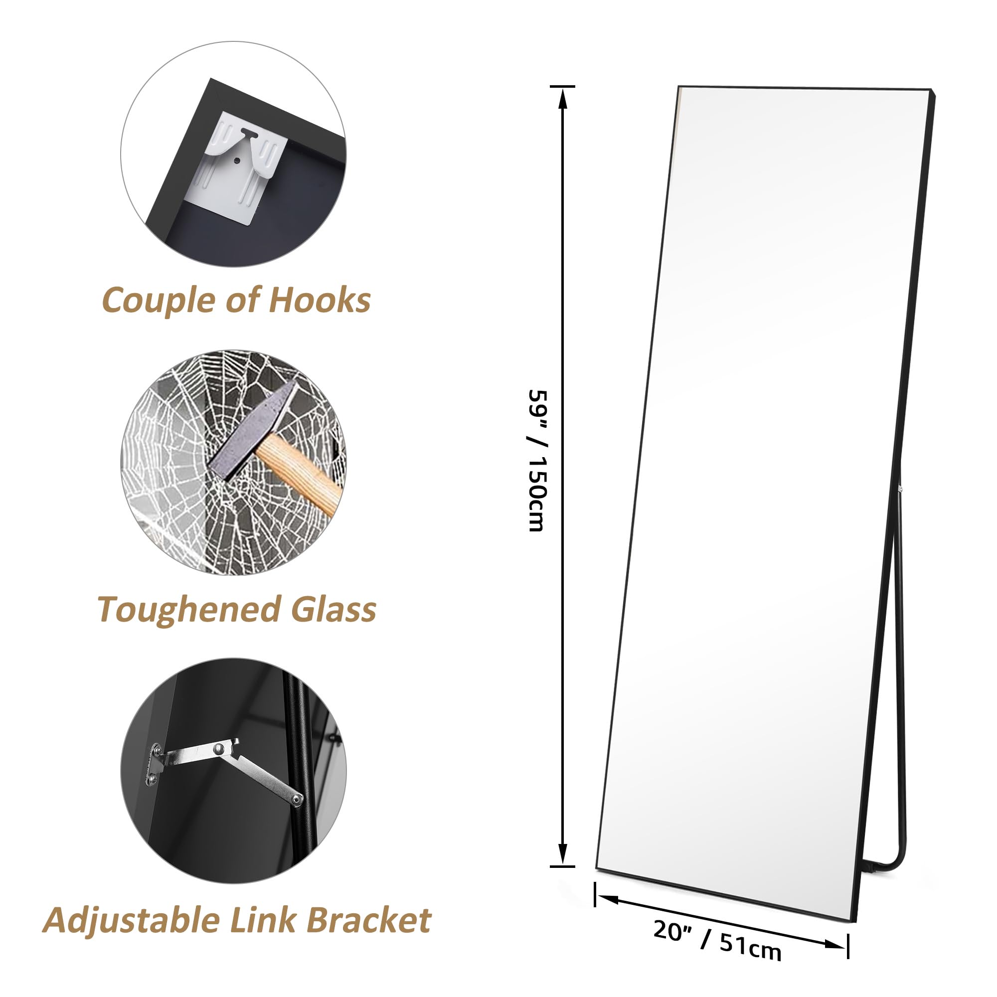 150 x 51 cm Hochwertiger Standspiegel mit Schwarzem PVC-Rahmen und Gehärtetem Glas, Ideal für Schlafzimmer, Wohnbereich, Flur oder Badezimmer