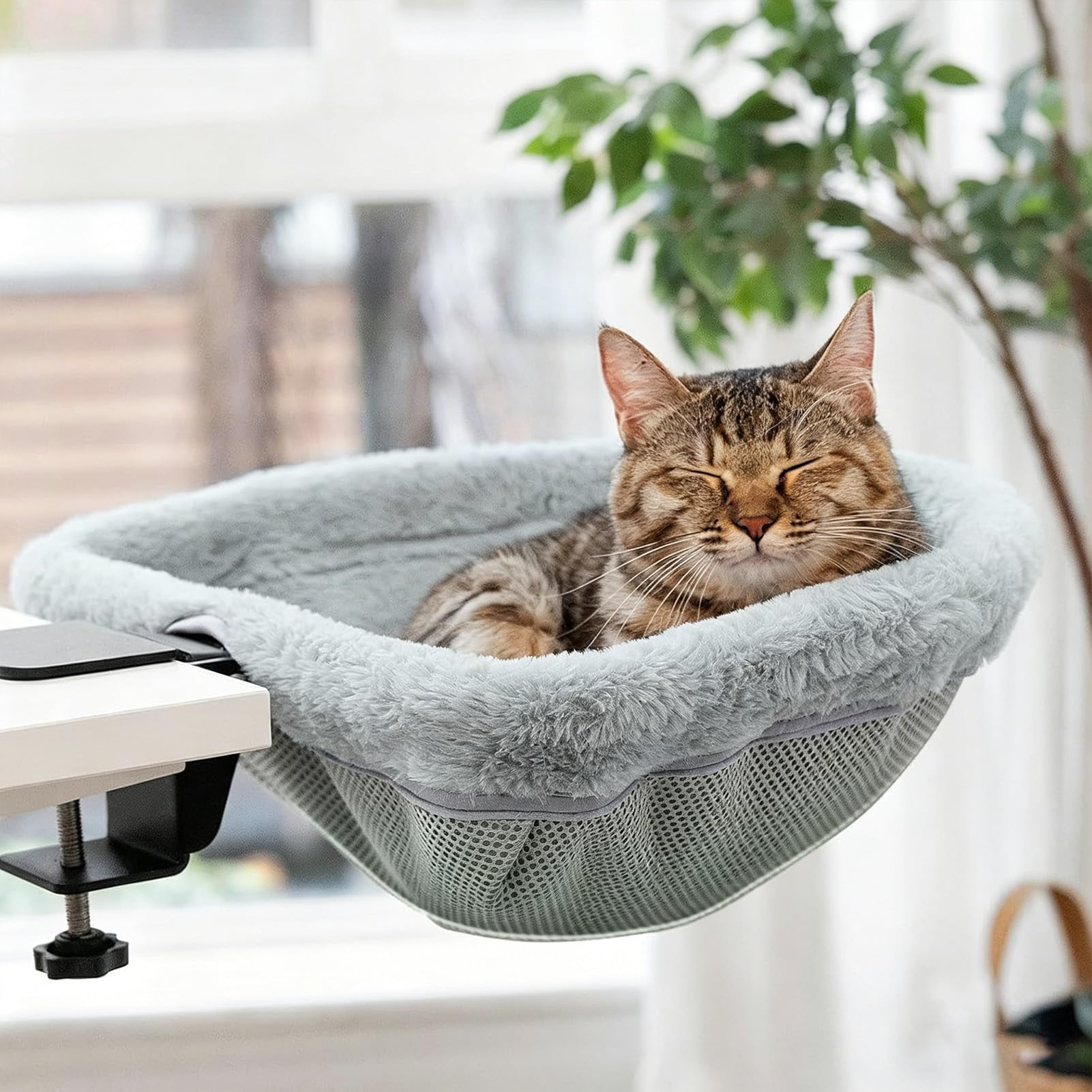 qorkhogr Desk Side Cat Bed Plush, Foldable Cat Bed with C-Clamp, Heavy Duty Table Pet Perch with Washable Pad for Indoor Cats