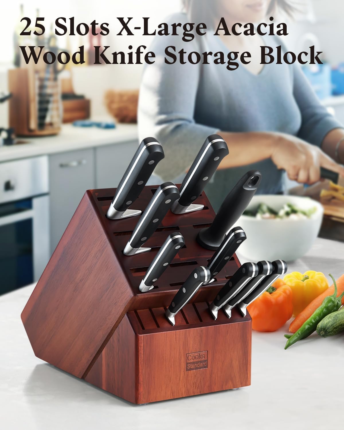 Cooks Standard Acacia wood Knife Block Holder without Knives, 25 Slot X-Large Universal Countertop Butcher Block Kitchen Knife Stand for Easy Kitchen Storage - Image 3