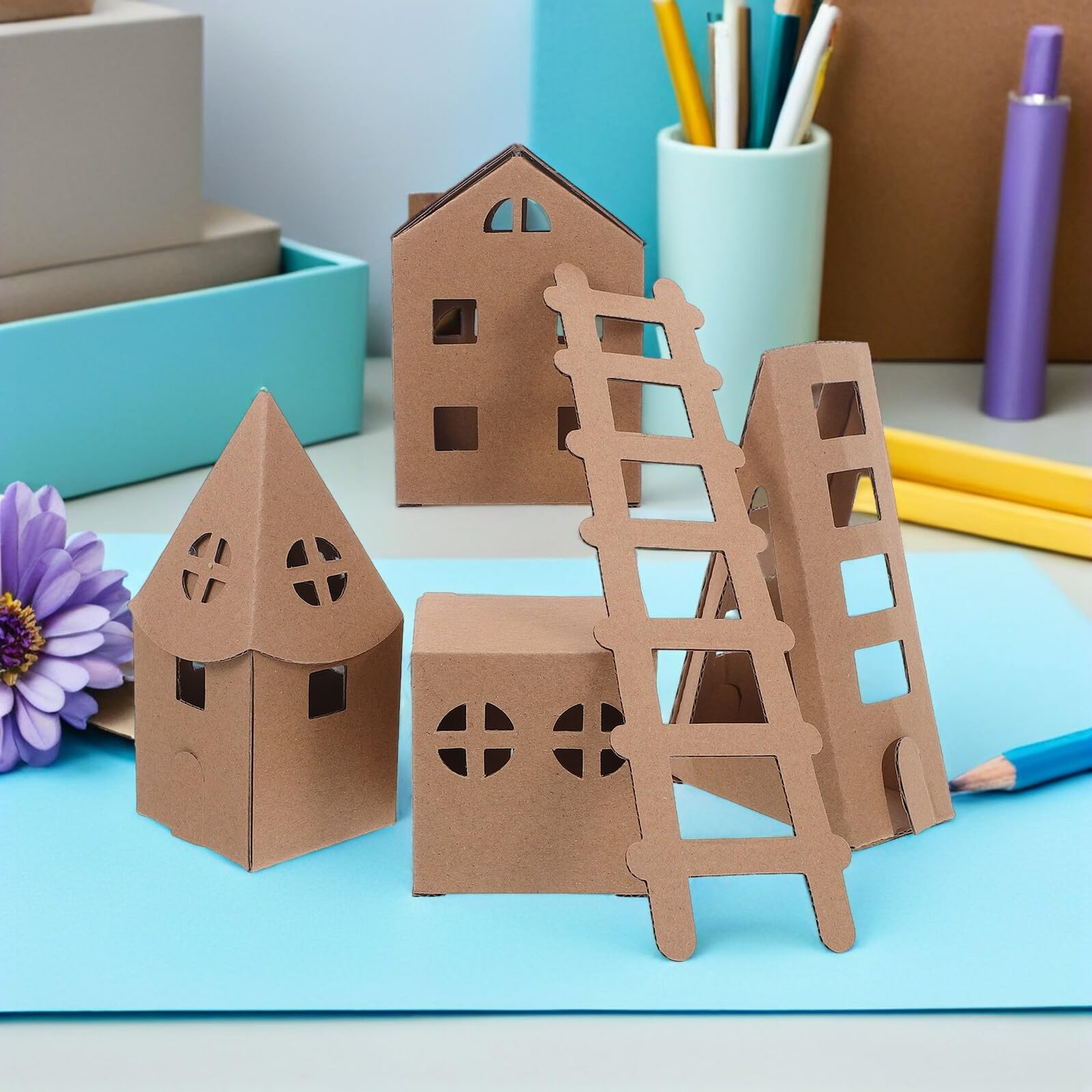 Casa de Cartón Infantil Miniatura, 1 Juego para Manualidades | Color Caqui, Papelboard, 23 Piezas, Formas Iglesia, Cuadrada y Rectangular, para Preescolar y Juego