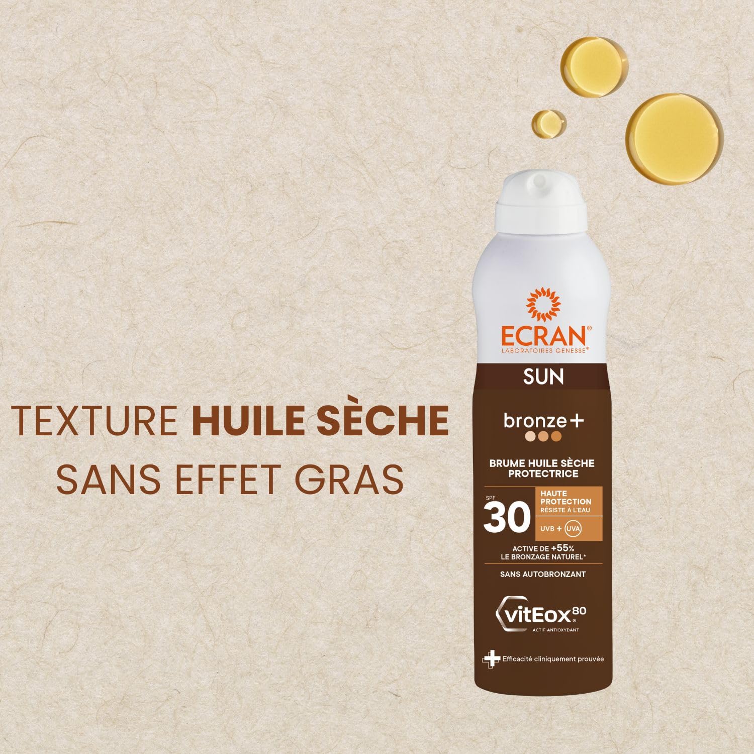 ECRAN® - Brume Huile Activatrice de Bronzage - Haute Protection - Technologie vitEox80 - Vitamine E - Protection UVA, UVB, Lumière Bleue, Coups de Soleil - Protection Solaire SPF 30 - Bronzage naturel
