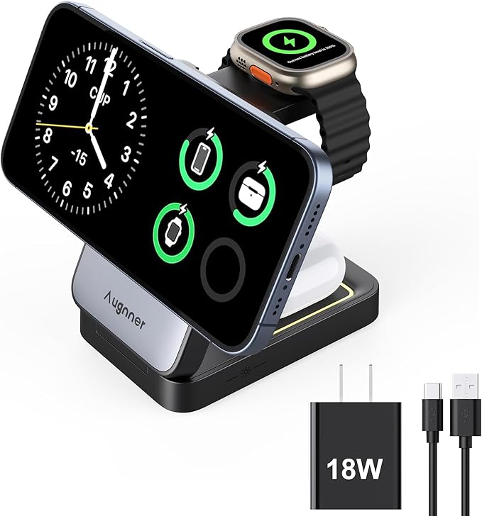 Augnner 3 in 1 Charging Station for Multiple Devices Apple Compatible with Magsafe Charger Stand, 15W Foldable Cube Wireless Charger for 16/15/14/13/12 Series, Apple Watch, Airpod